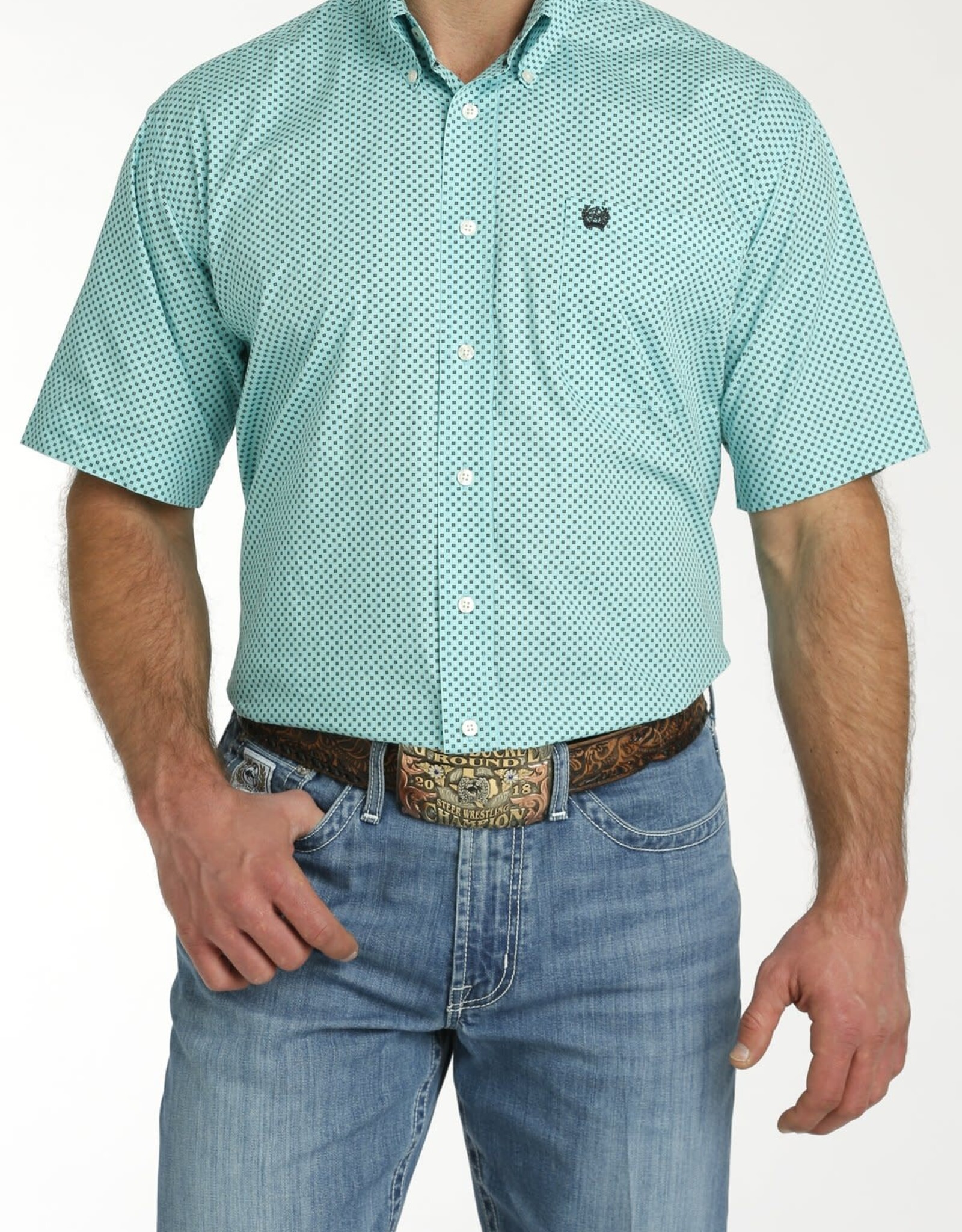 Cinch Mens Cinch Turquoise Blue Print Short Sleeve Western Button Arena Shirt