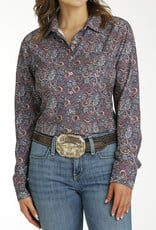 Cinch Womens Cinch Burgundy and Blue Paisley Arena Flex Long Sleeve Button Western Shirt