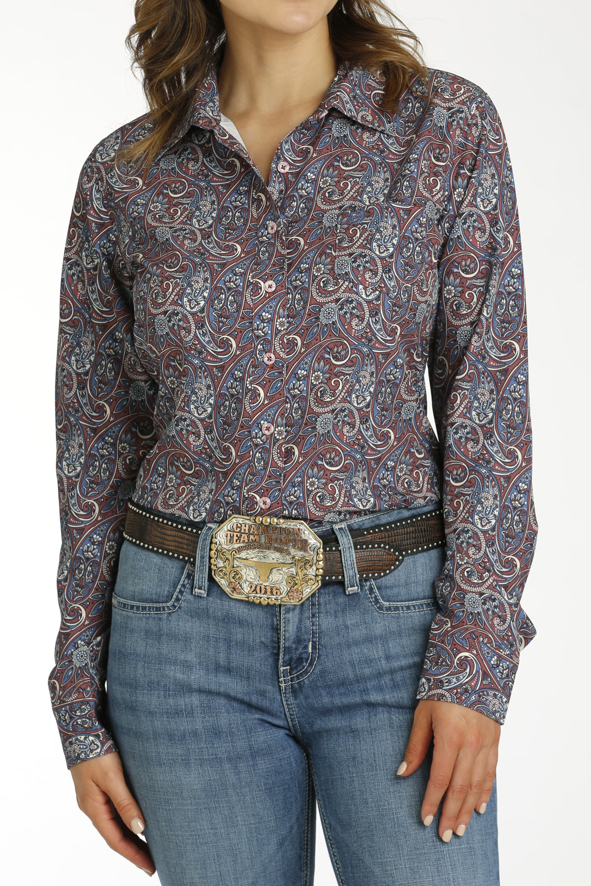 Cowgirl Tuff Pullover Arena Shirt - Gray Paisley With Burgundy main image 1