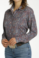 Cinch Womens Cinch Burgundy and Blue Paisley Arena Flex Long Sleeve Button Western Shirt