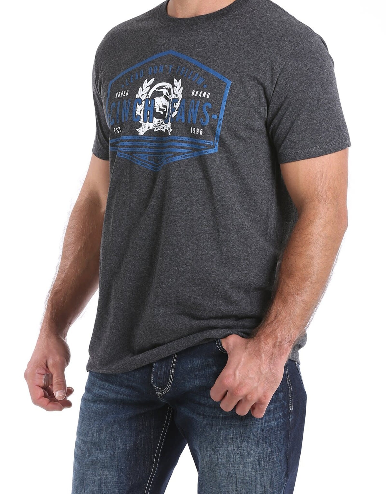 Cinch Mens Cinch Short Sleeve Heather Black  Classic Royal Front Logo T Shirt