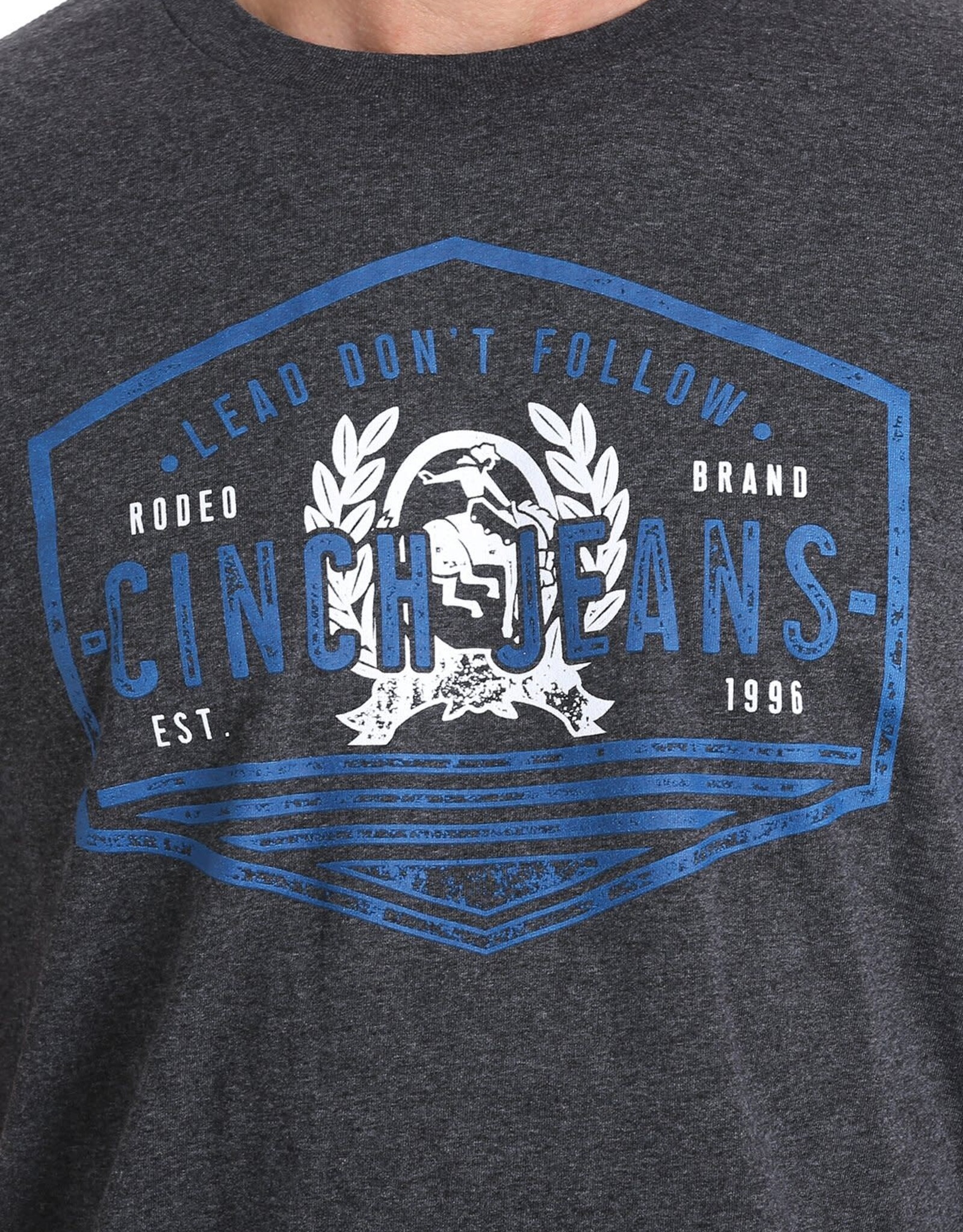 Cinch Mens Cinch Short Sleeve Heather Black  Classic Royal Front Logo T Shirt