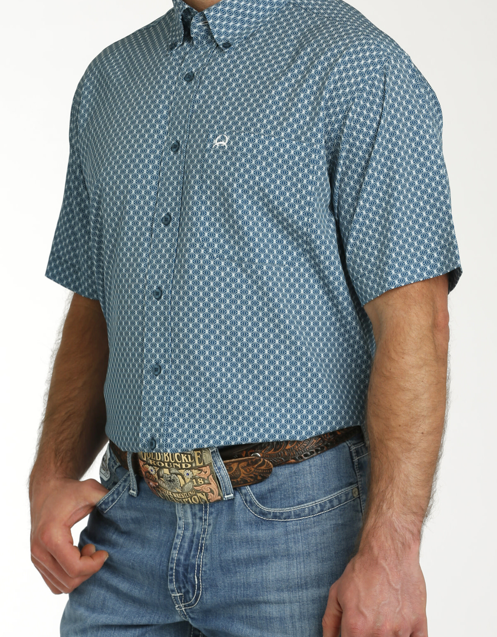 Cinch Mens Cinch Teal Geo Print Short Sleeve Arena Flex Western Button Shirt