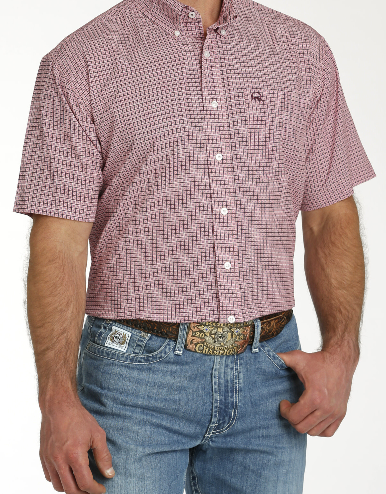 Cinch Mens Cinch Pink Geo Print Short Sleeve Arena Flex Western Button Shirt