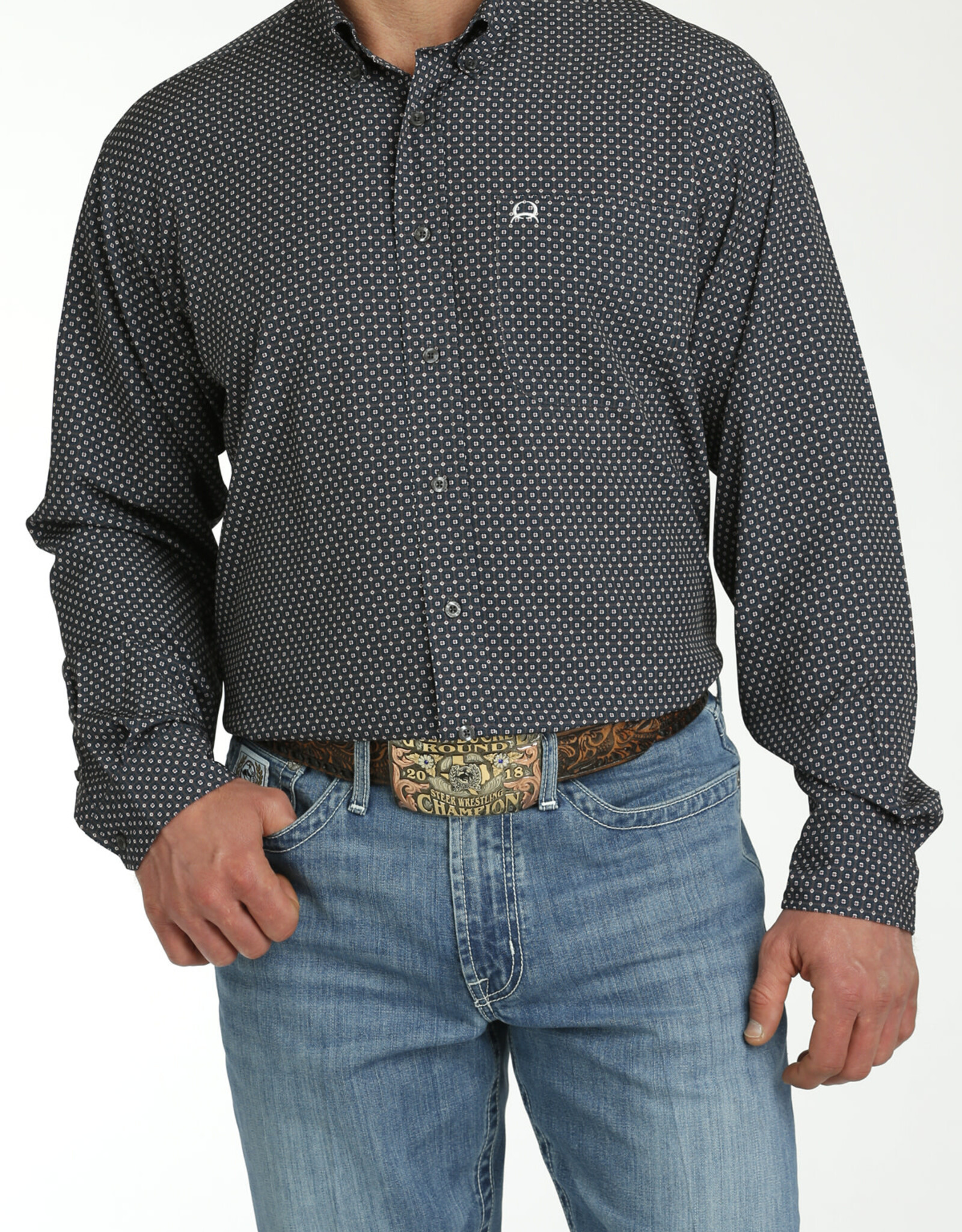 Cinch Mens Cinch Arena Flex  Charcoal Print Long Sleeve Button Shirt