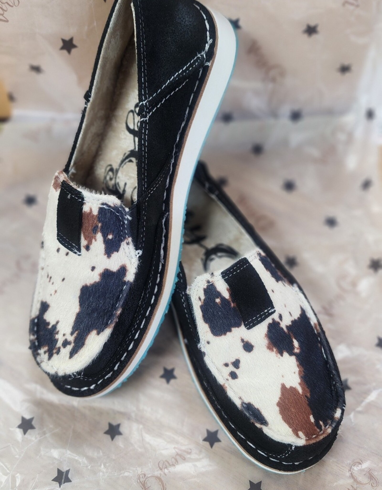 Womens Gypsy Jazz Sarah Black Cow Print Slip On Shoe