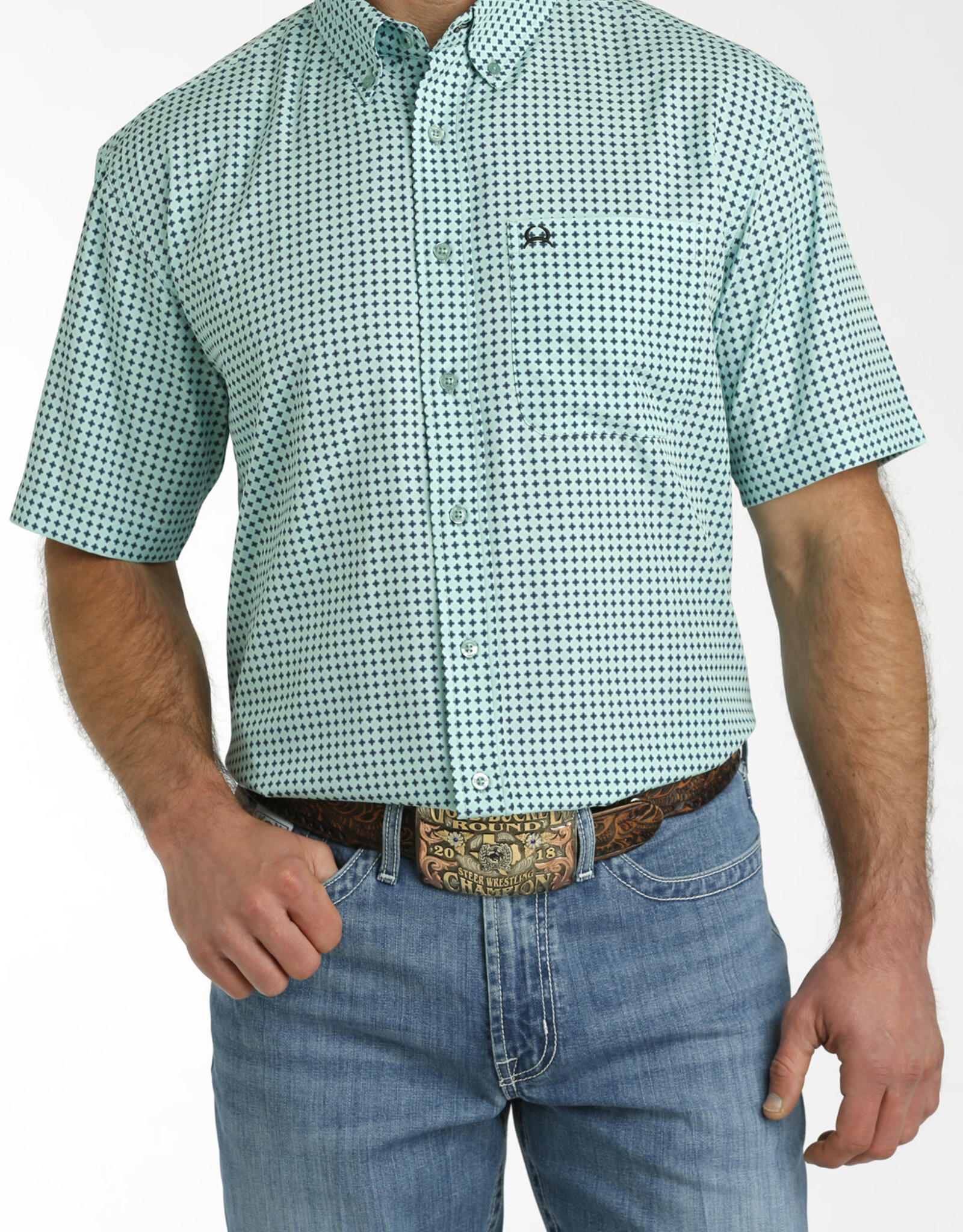 Cinch Mens Cinch Turquoise Navy Geo Print Short Sleeve Arena Flex Western Button Shirt