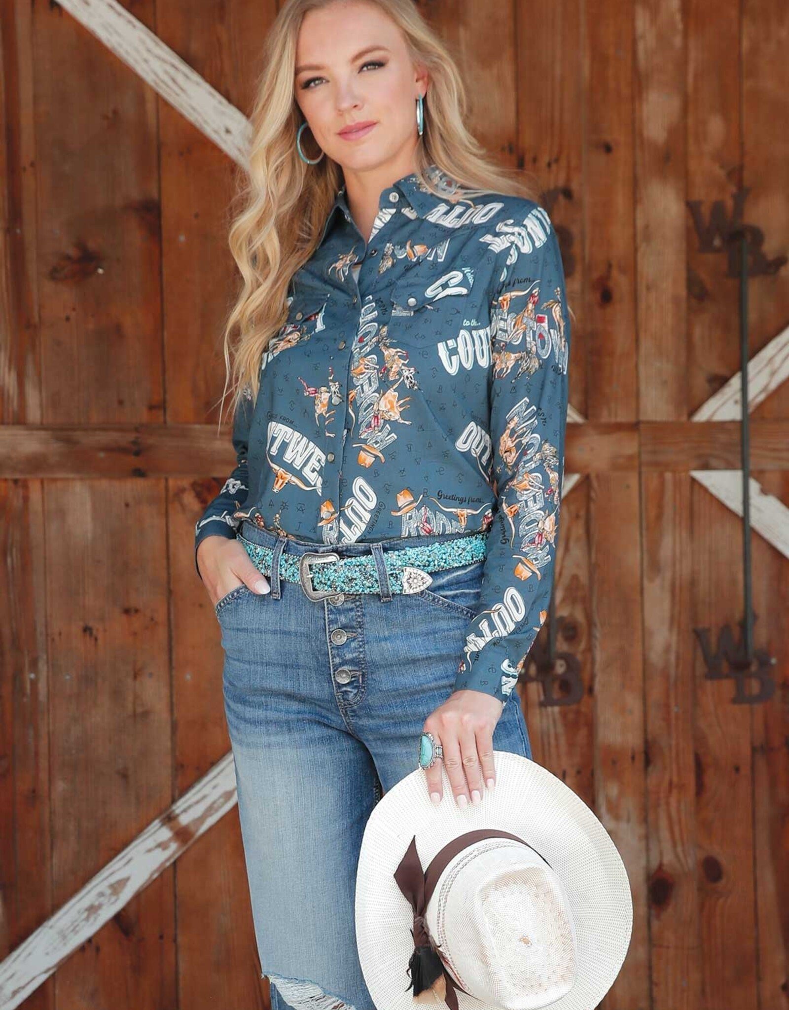 Womens Cruel Girl Light Weight Rodeo Retro Print Long Sleeve Snap Western Shirt