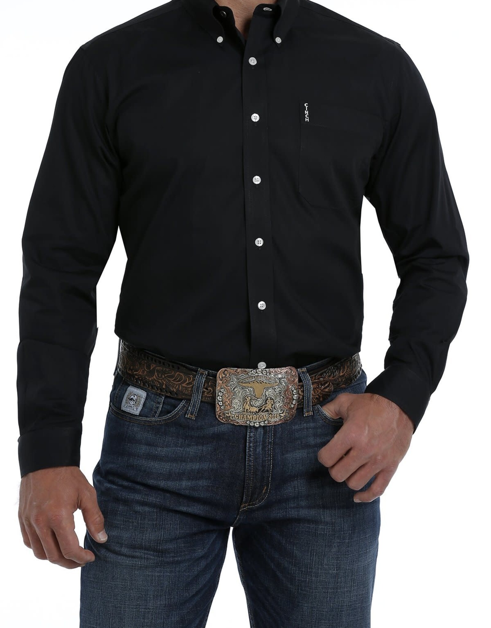 Cinch Mens Modern Fit Cinch Long Sleeve Solid Black Button Down Western Shirt