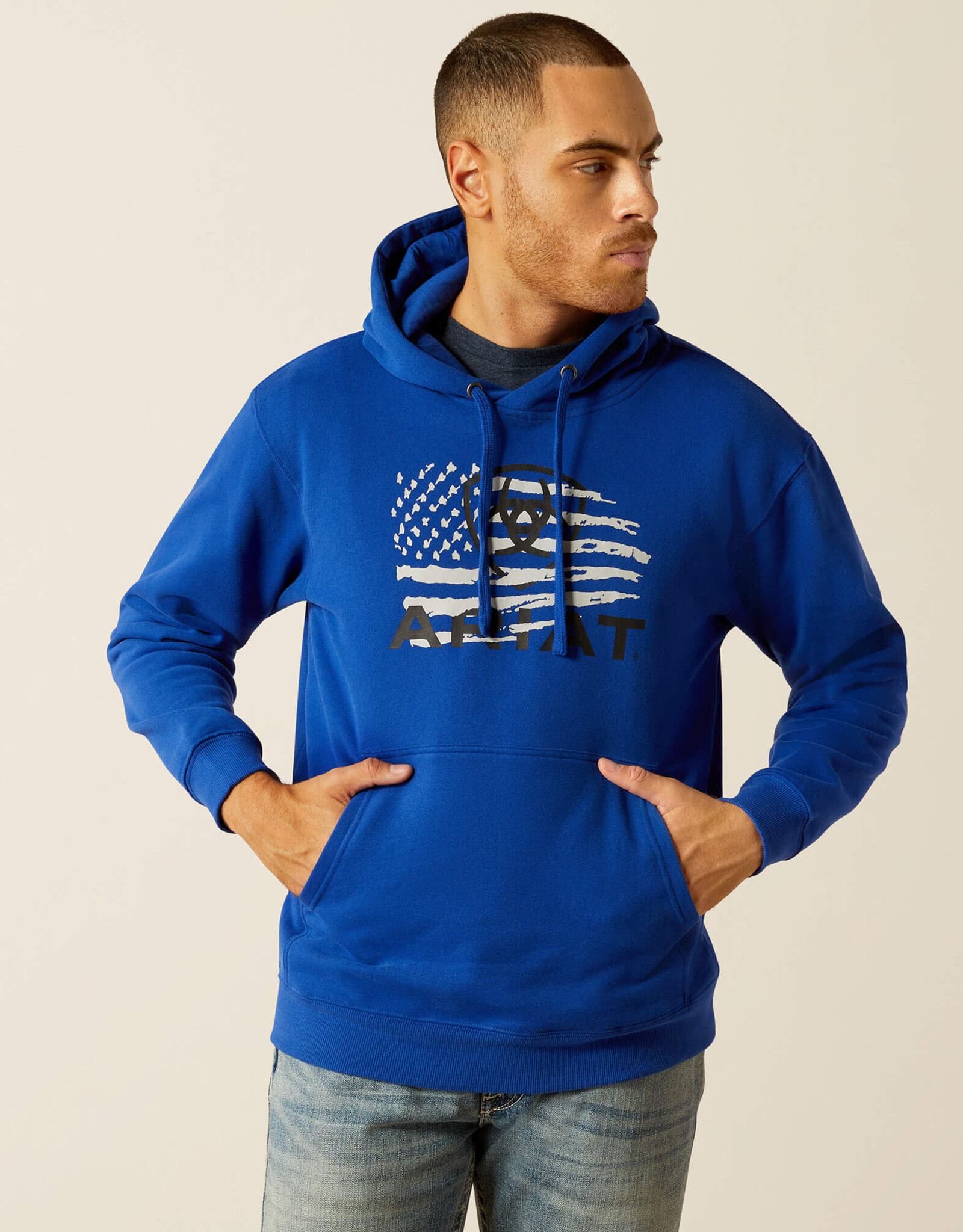 Ariat Ariat Mens Royal Blue Flag Design Brushed Fleece Hoodie