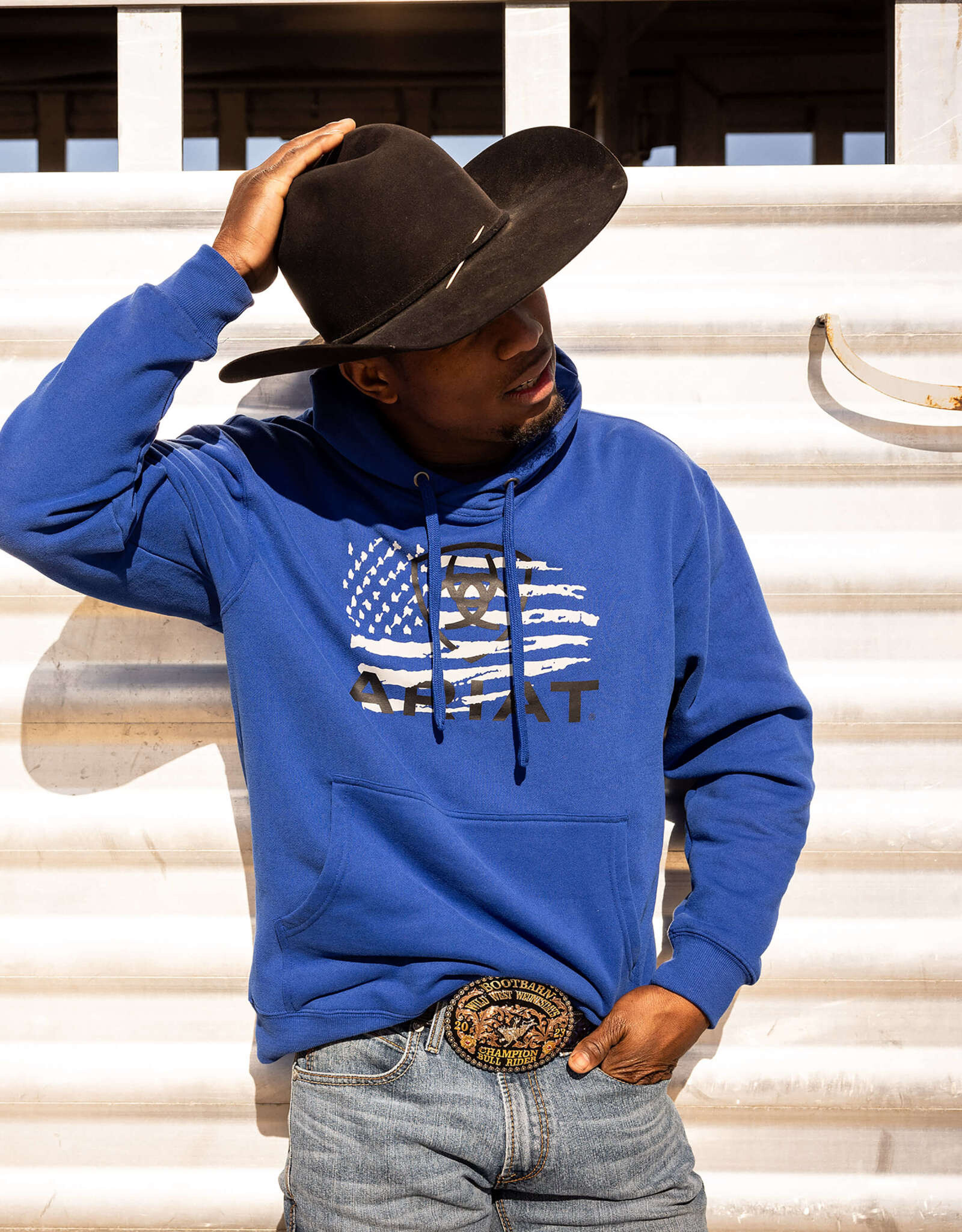 Ariat Ariat Mens Royal Blue Flag Design Brushed Fleece Hoodie