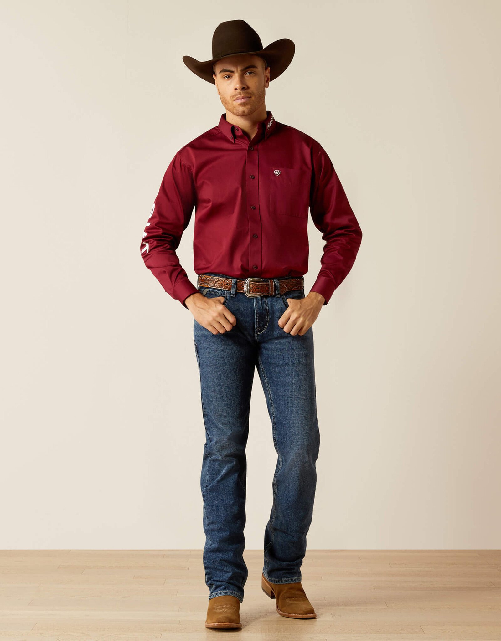 Ariat Ariat Mens Team Logo Long Sleeve Burgundy Button Western Shirt