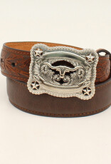 Kids Brown Leather Embossed Ends With Steer Head Buckle 1 1/4" Western Belt