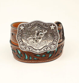 Kids Brown Turquoise Inlay 1 1/4' Western Belt with Bull Rider Buckle