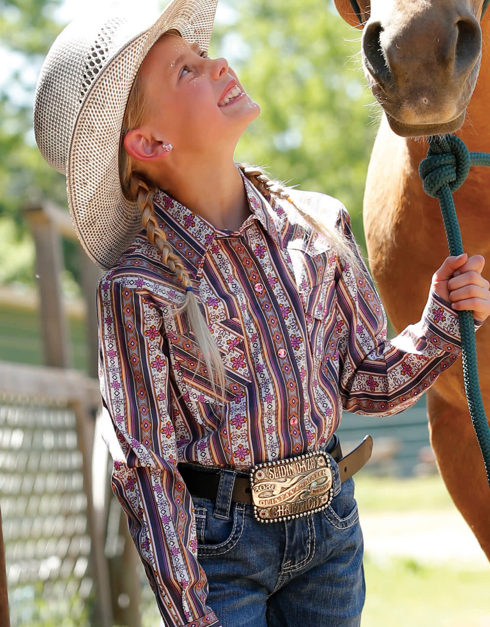 Girls Cruel Girl Pink Gold Print Stripe Long Sleeve Western Snap Shirt Cowpokes Western Shop
