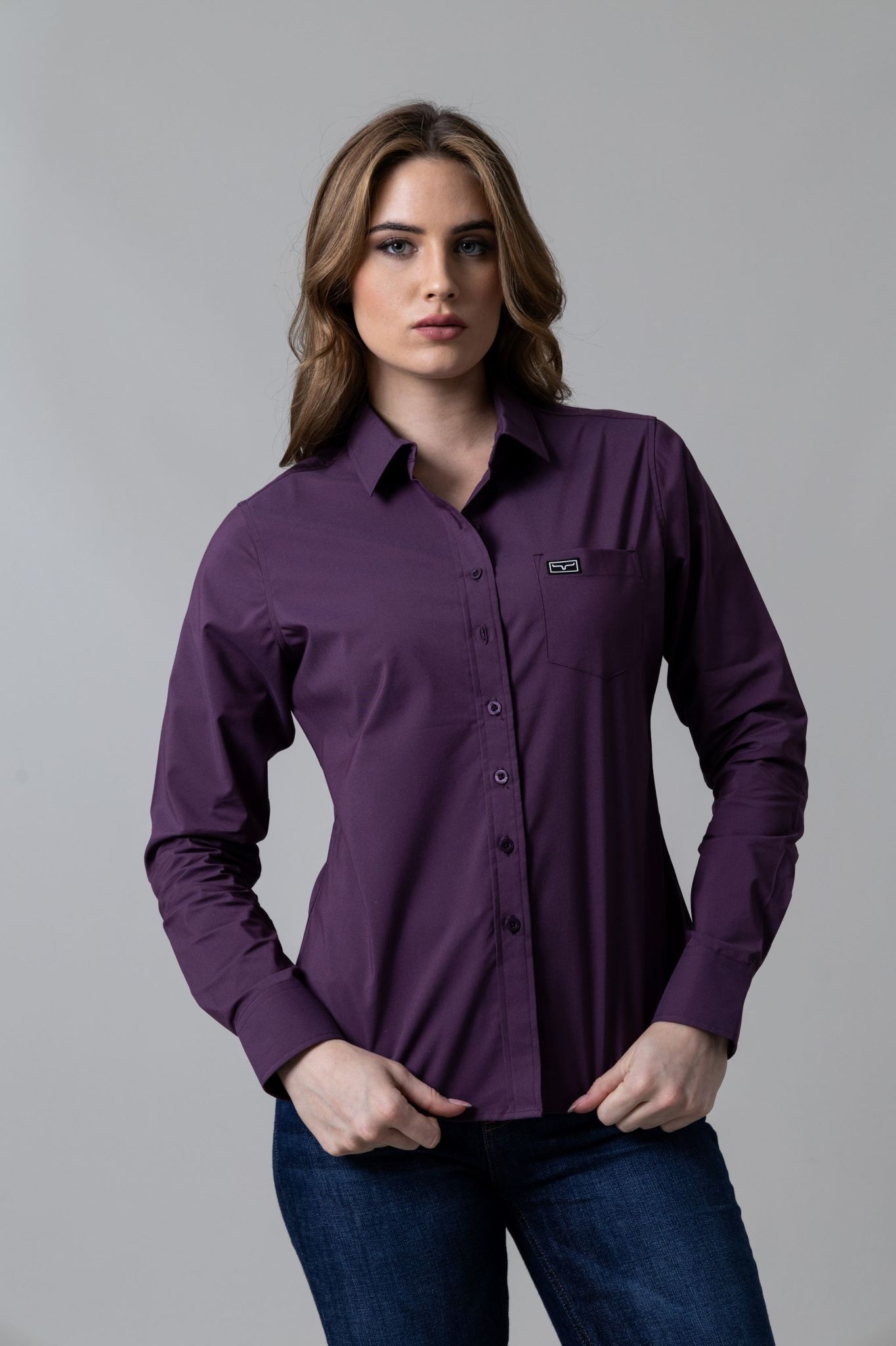 Kimes Womens Linville Coolmax Solid Plum Button Down Shirt