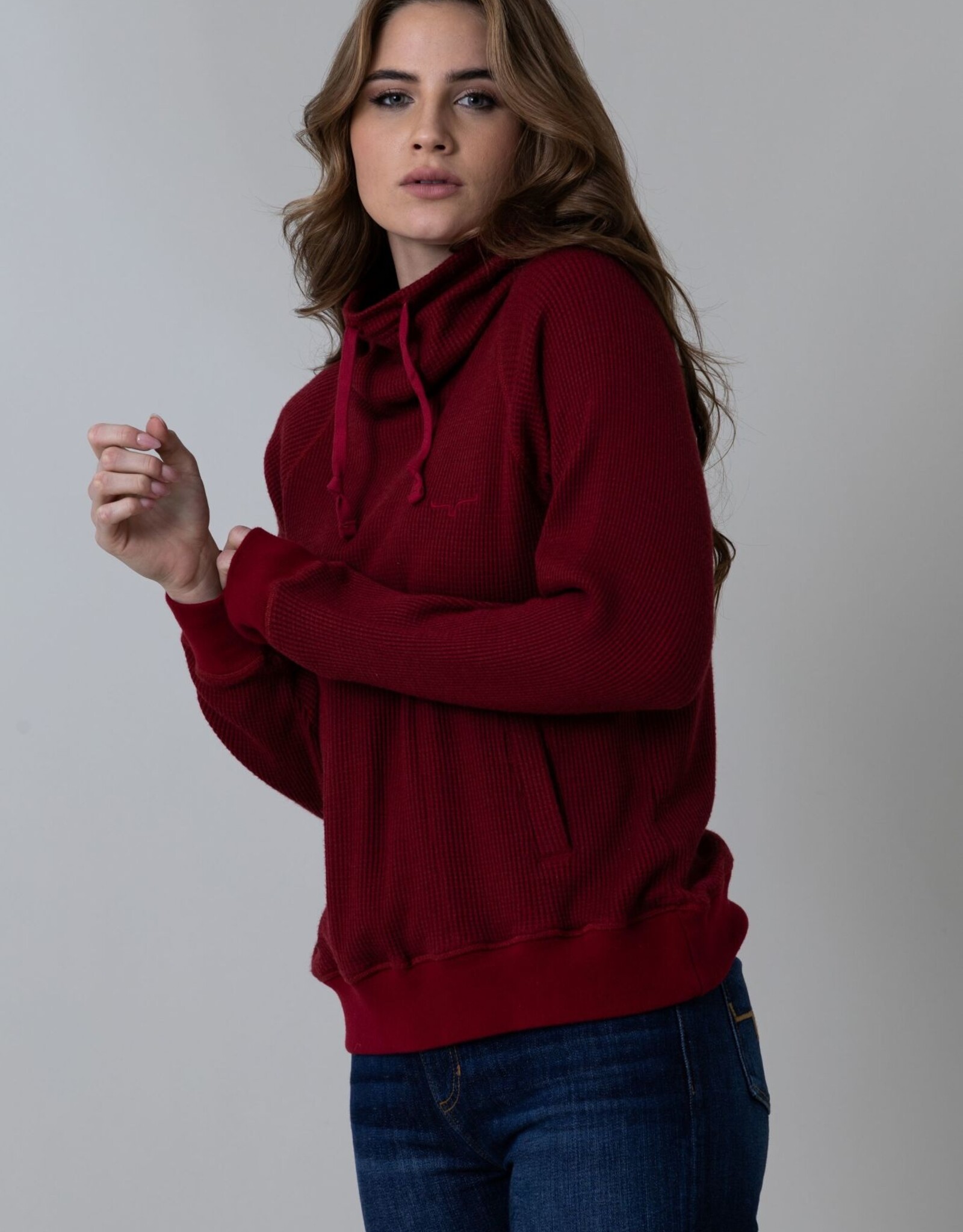 Kimes Womens Laguna Burgundy Waffle Cowl Neck Hoodie