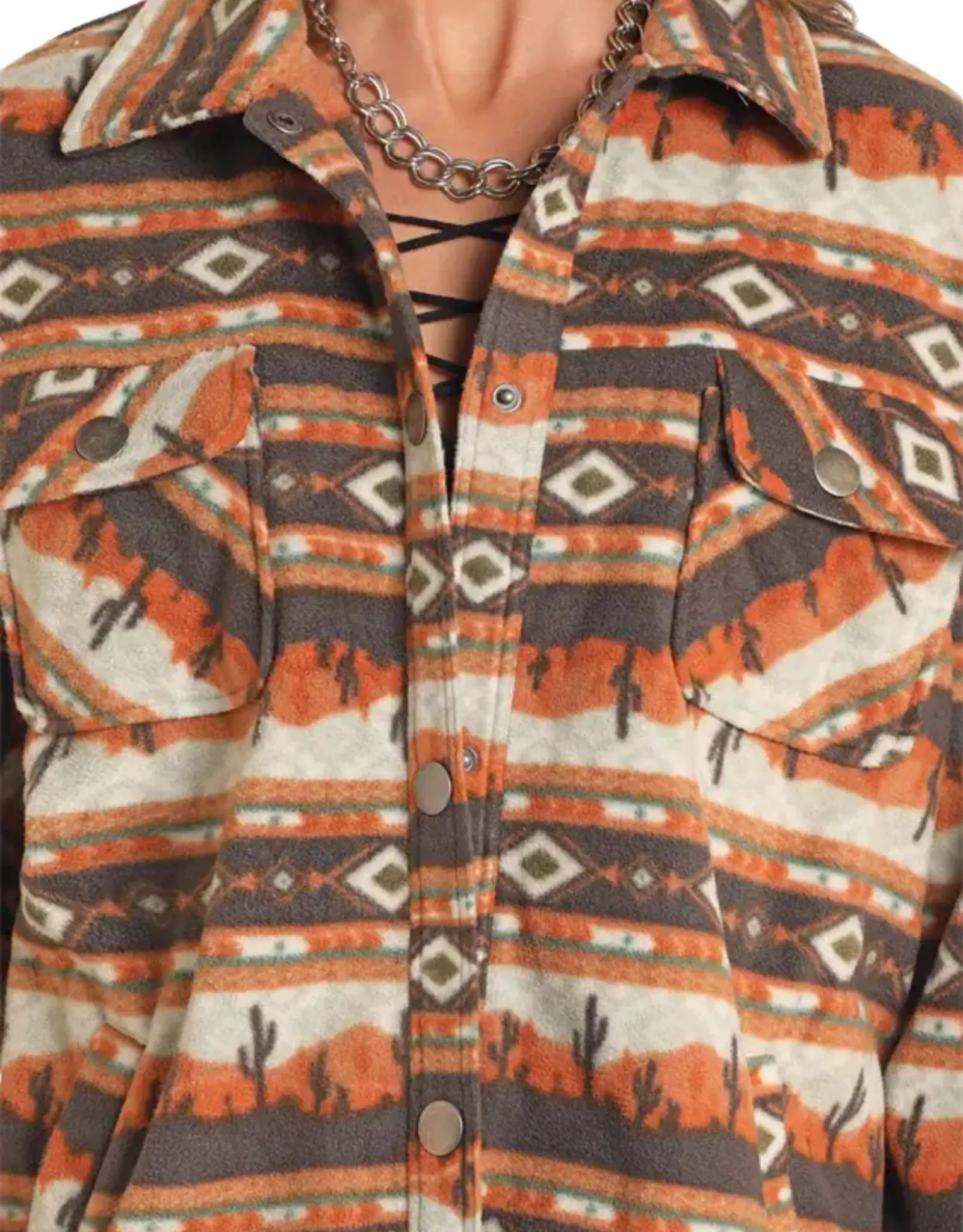 Rock N Roll Denim Womens Aztec Cactus Fleece Shacket / Shirt Jacket