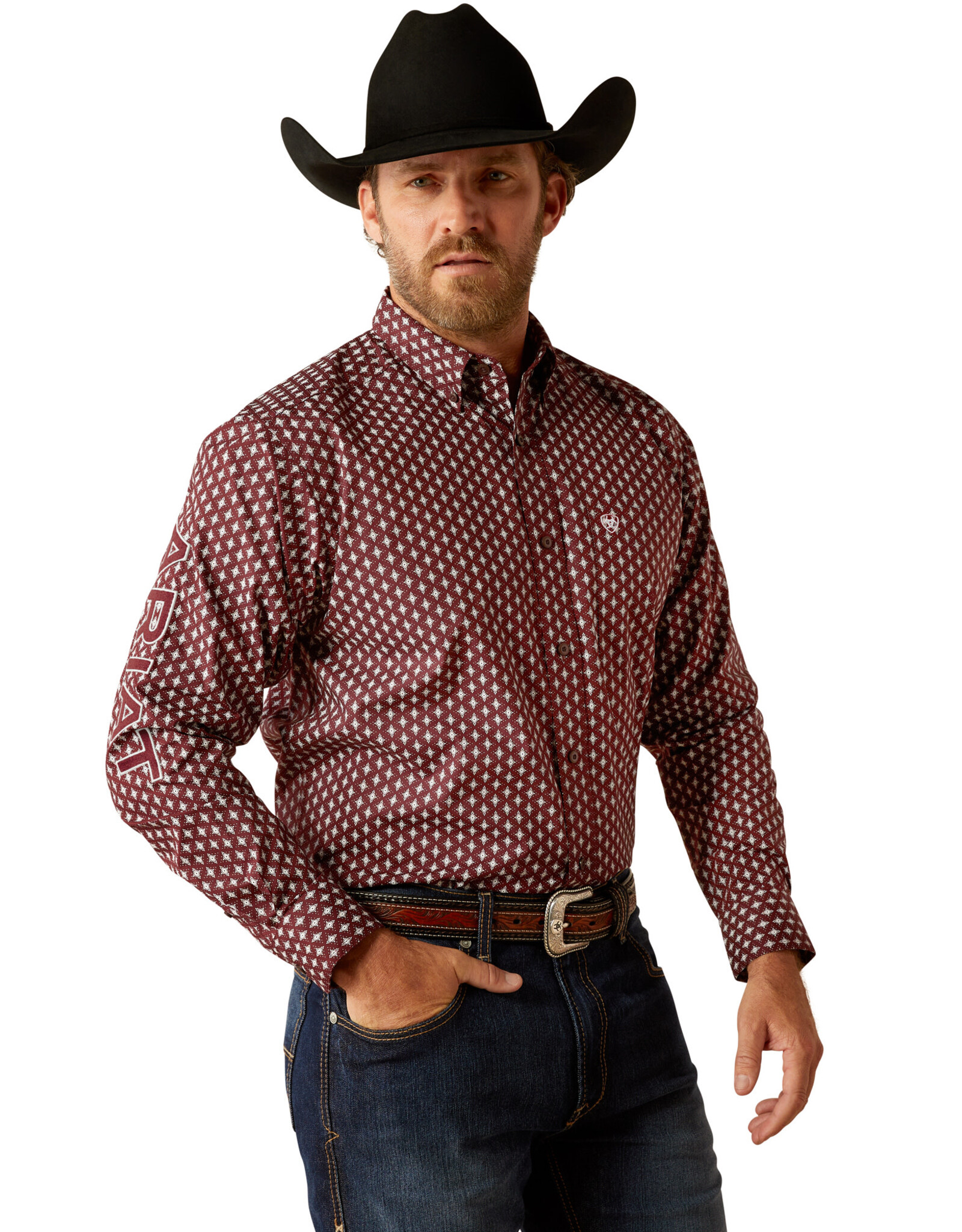 Ariat Ariat Mens Burgundy Print Team Omar Classic Fit Long Sleeve Western Button Shirt