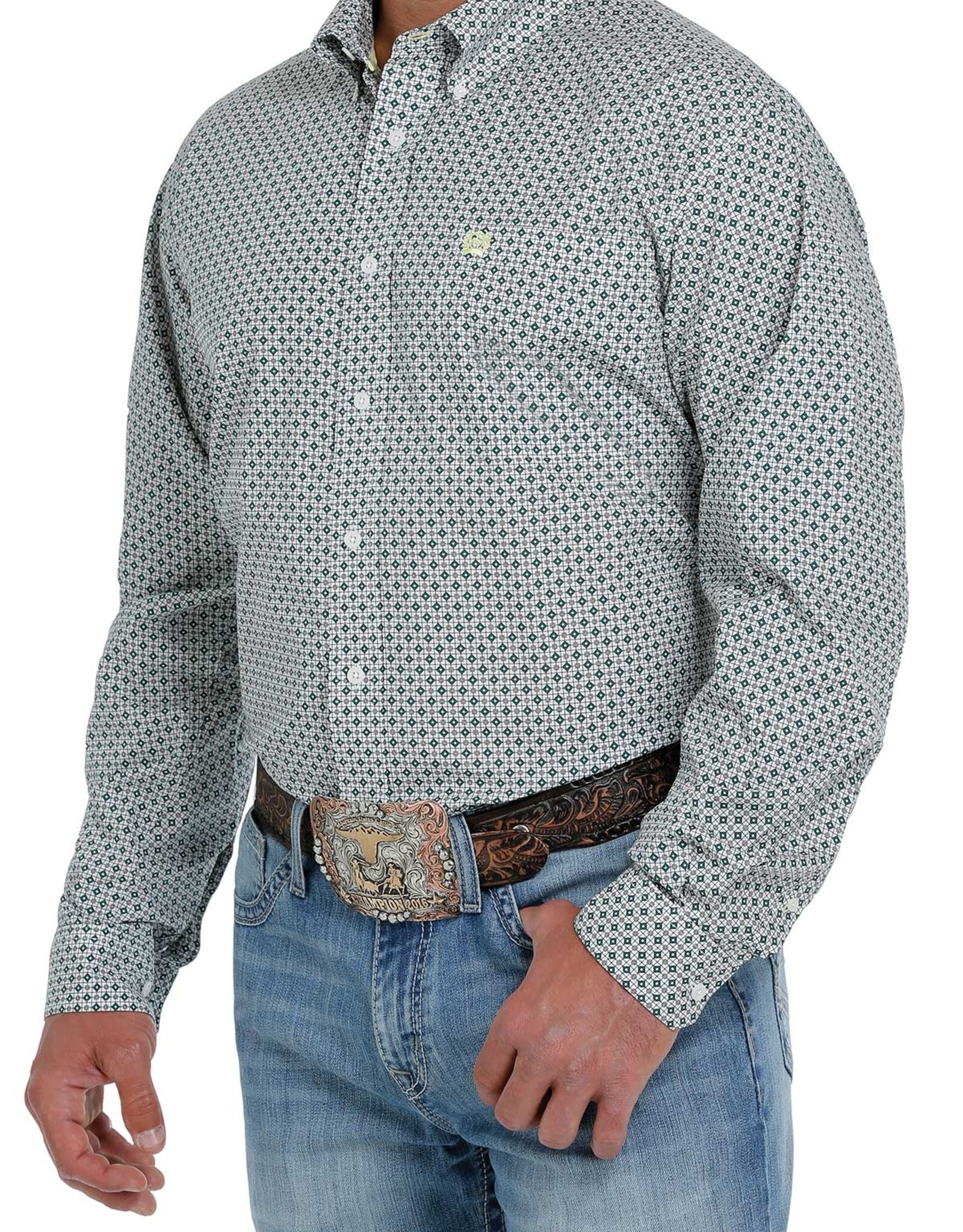 Cinch Mens Cinch Long Sleeve White Green Diamond Print Western Button Shirt