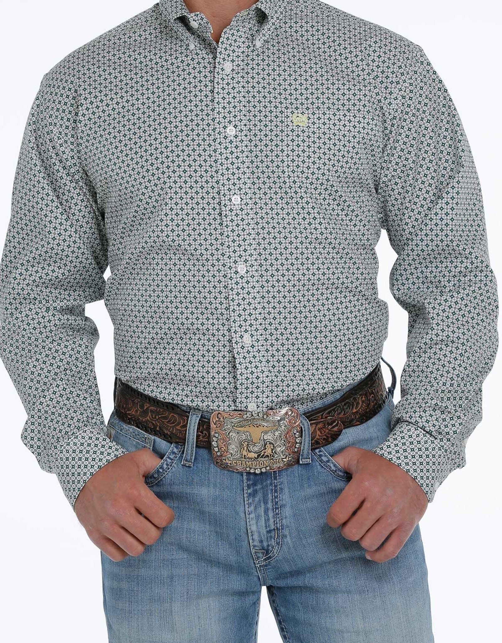 Cinch Mens Cinch Long Sleeve White Green Diamond Print Western Button Shirt