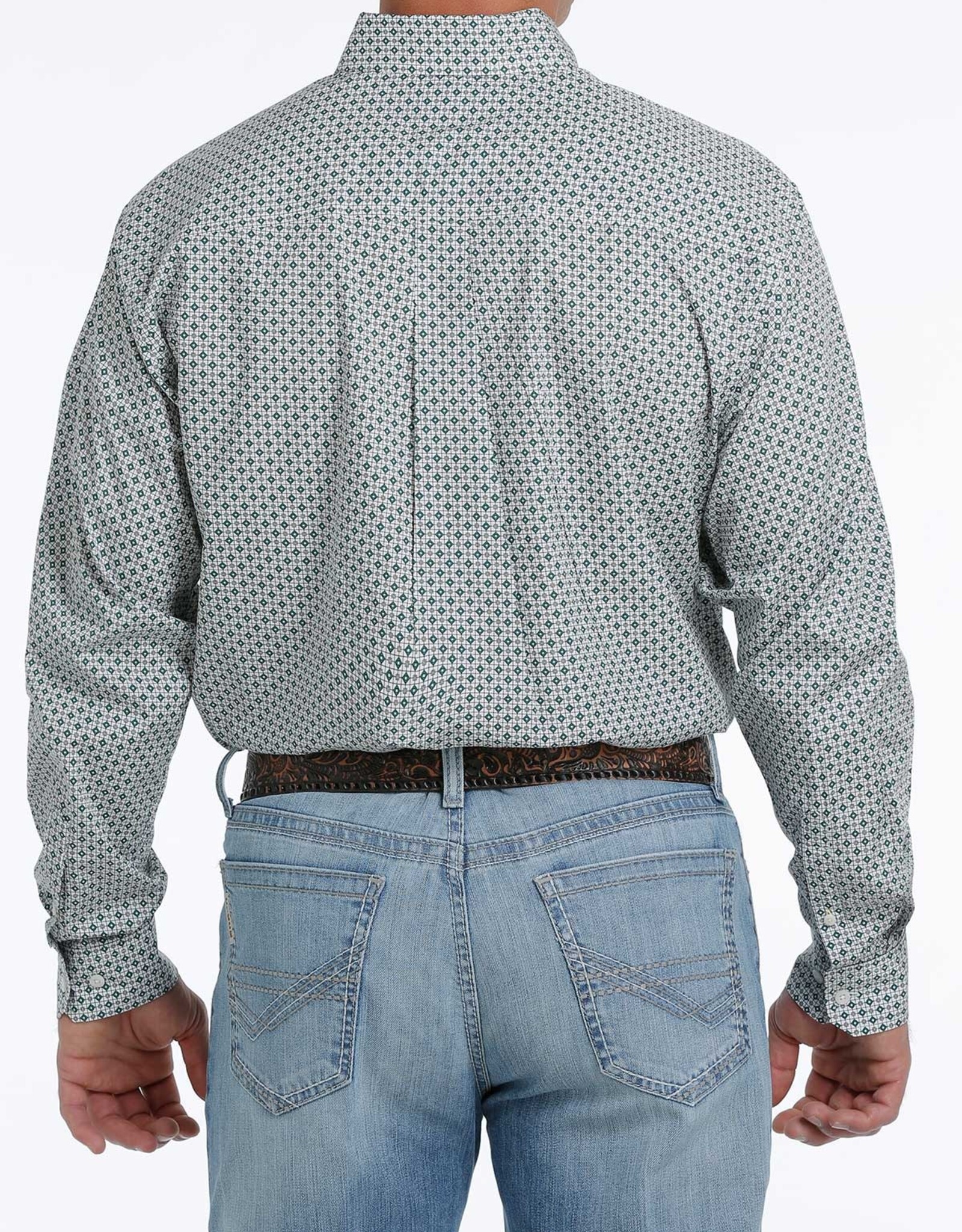 Cinch Mens Cinch Long Sleeve White Green Diamond Print Western Button Shirt