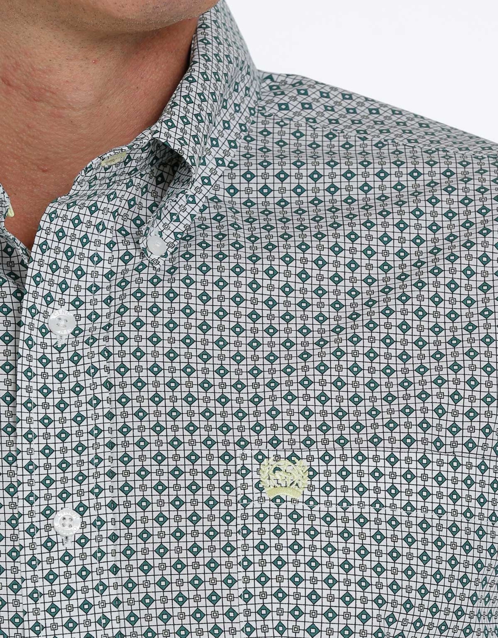 Cinch Mens Cinch Long Sleeve White Green Diamond Print Western Button Shirt