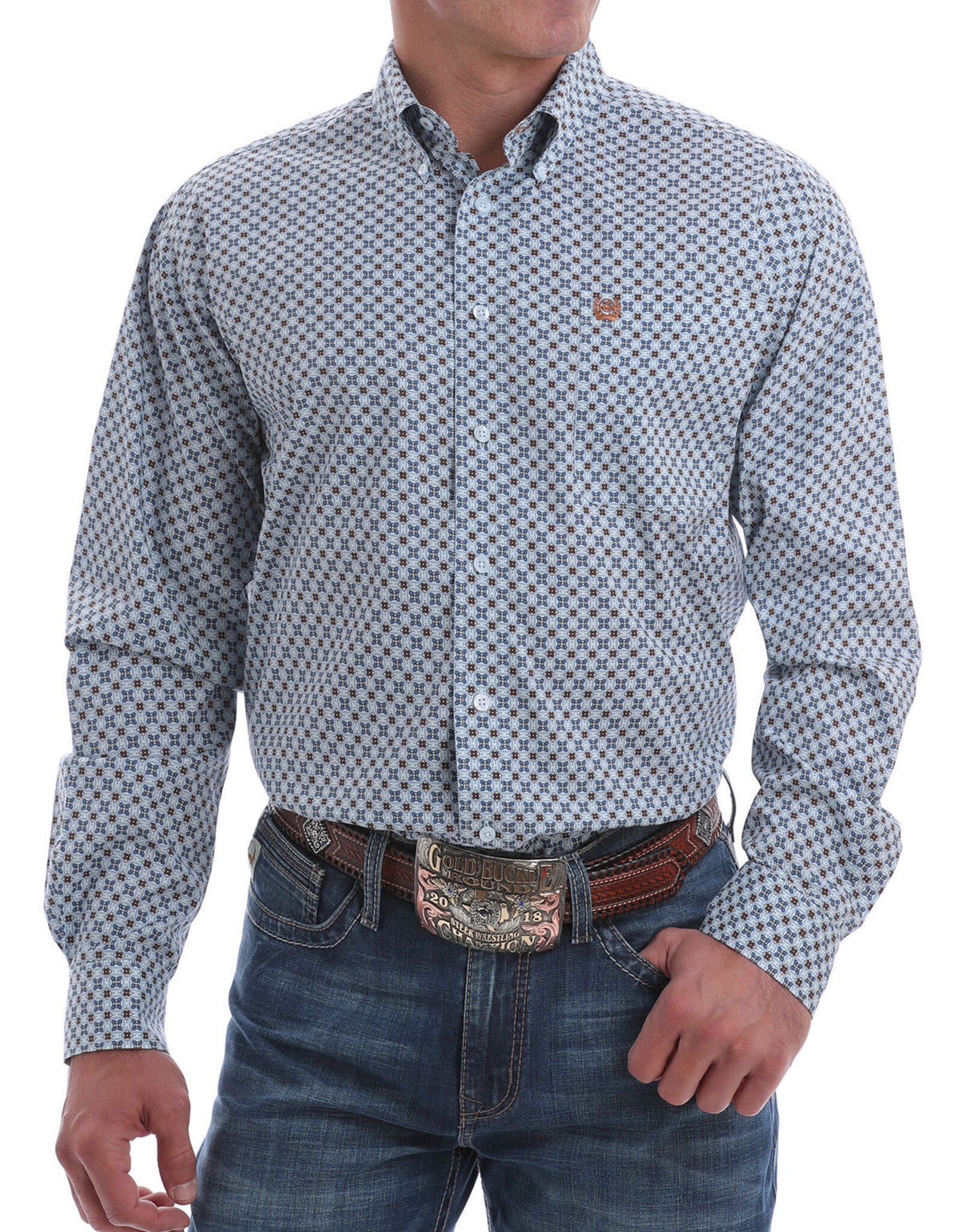Cinch Mens Cinch Long Sleeve Light Blue Rust White Print Western Stretch Button Shirt