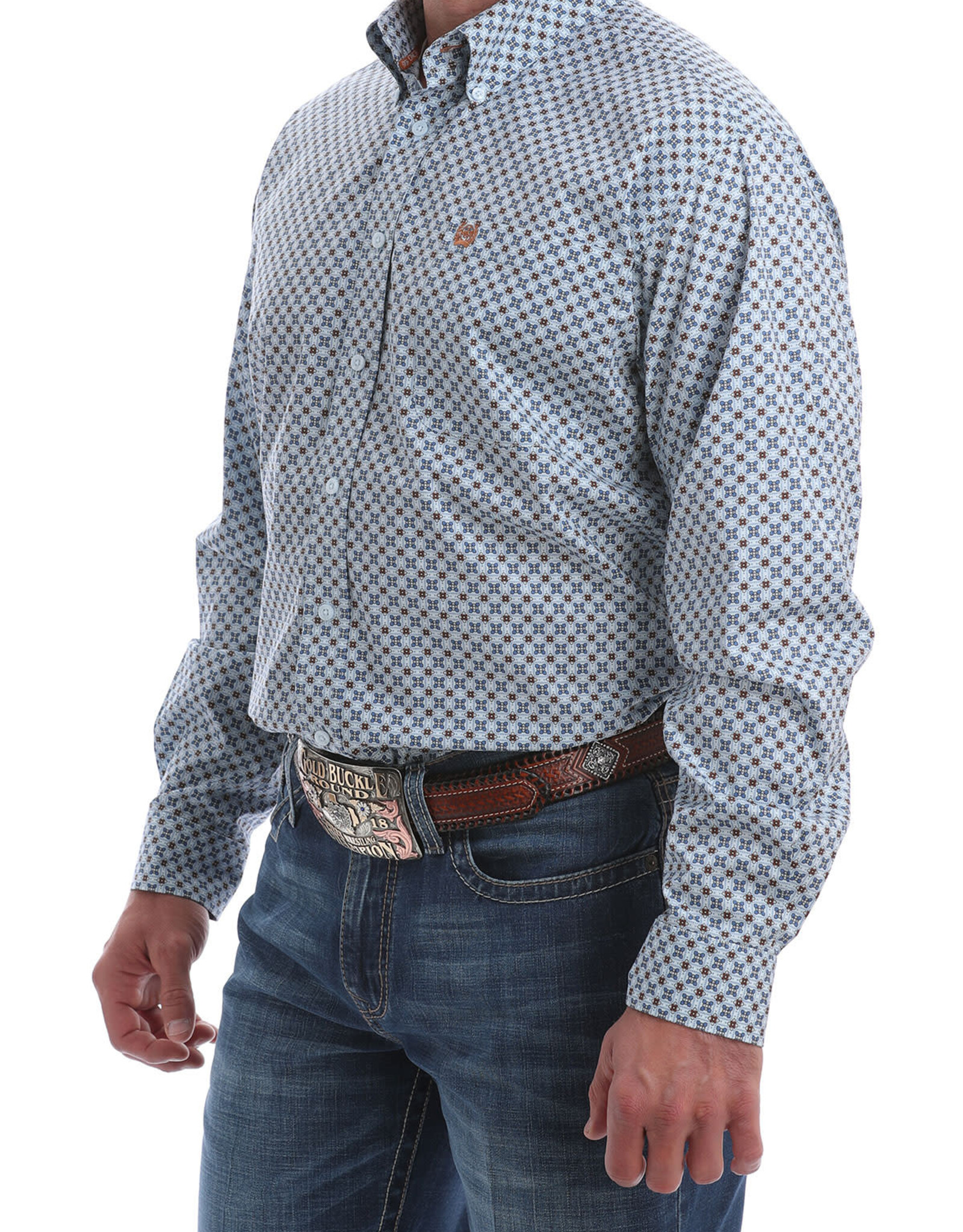 Cinch Mens Cinch Long Sleeve Light Blue Rust White Print Western Stretch Button Shirt