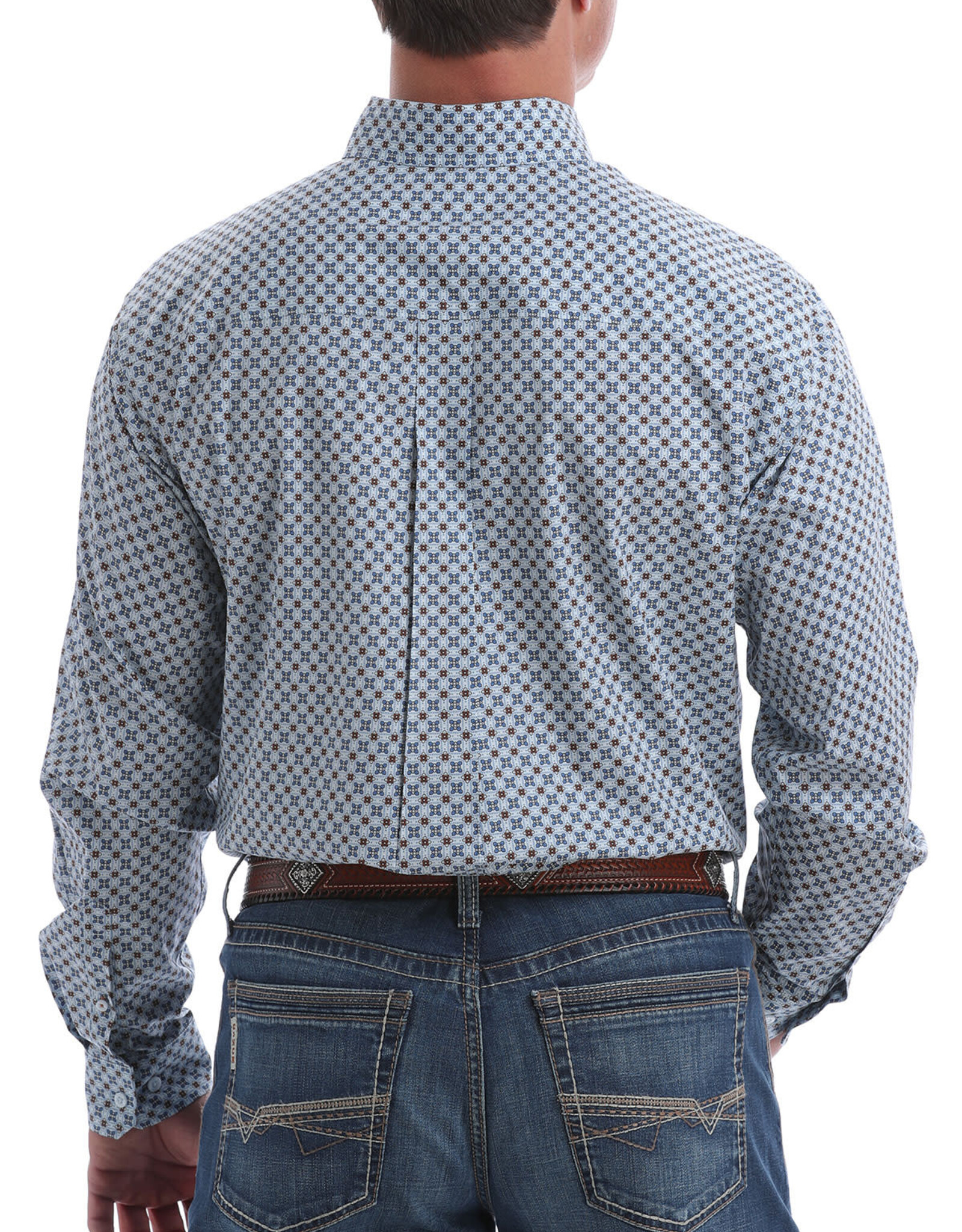 Cinch Mens Cinch Long Sleeve Light Blue Rust White Print Western Stretch Button Shirt