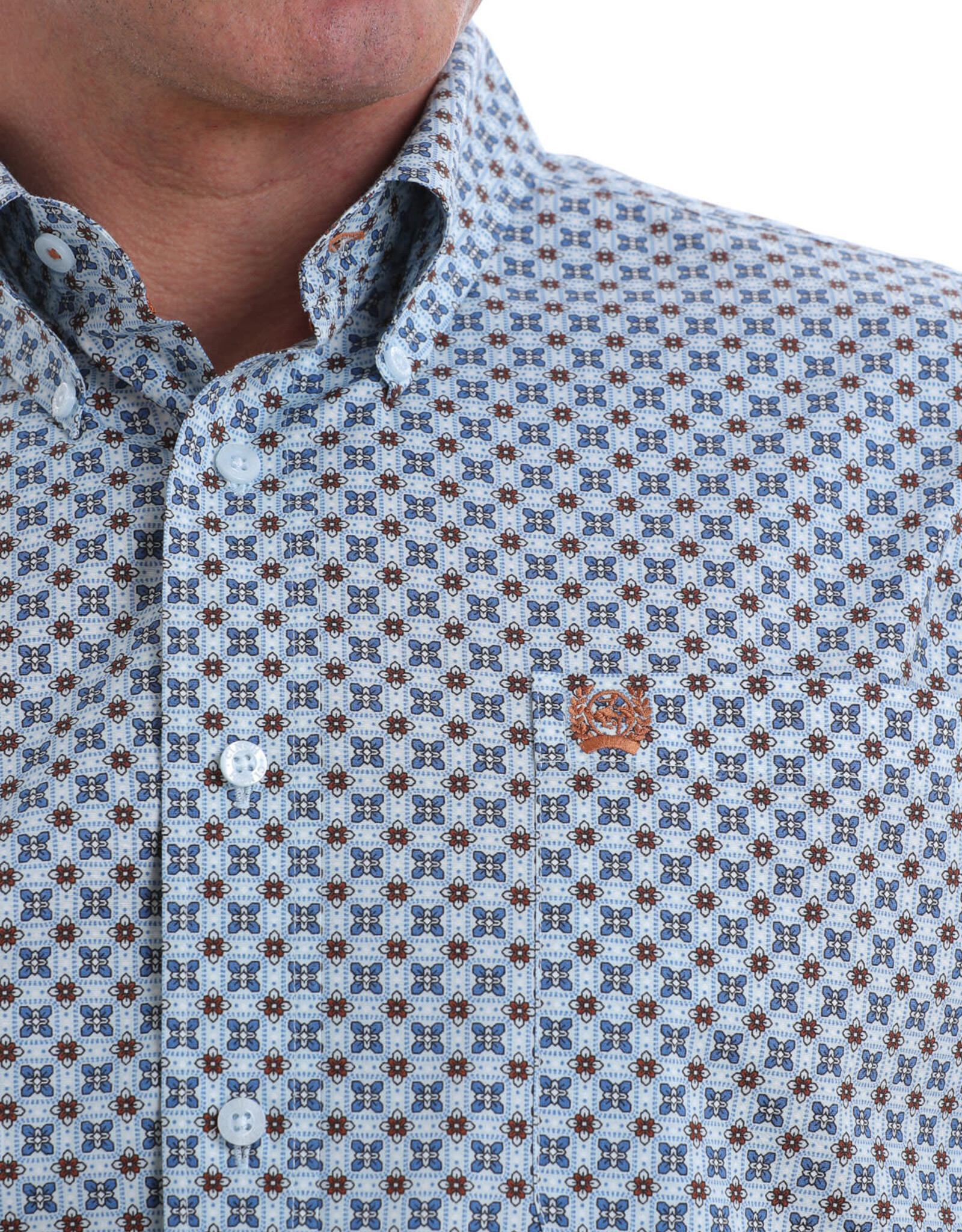 Cinch Mens Cinch Long Sleeve Light Blue Rust White Print Western Stretch Button Shirt