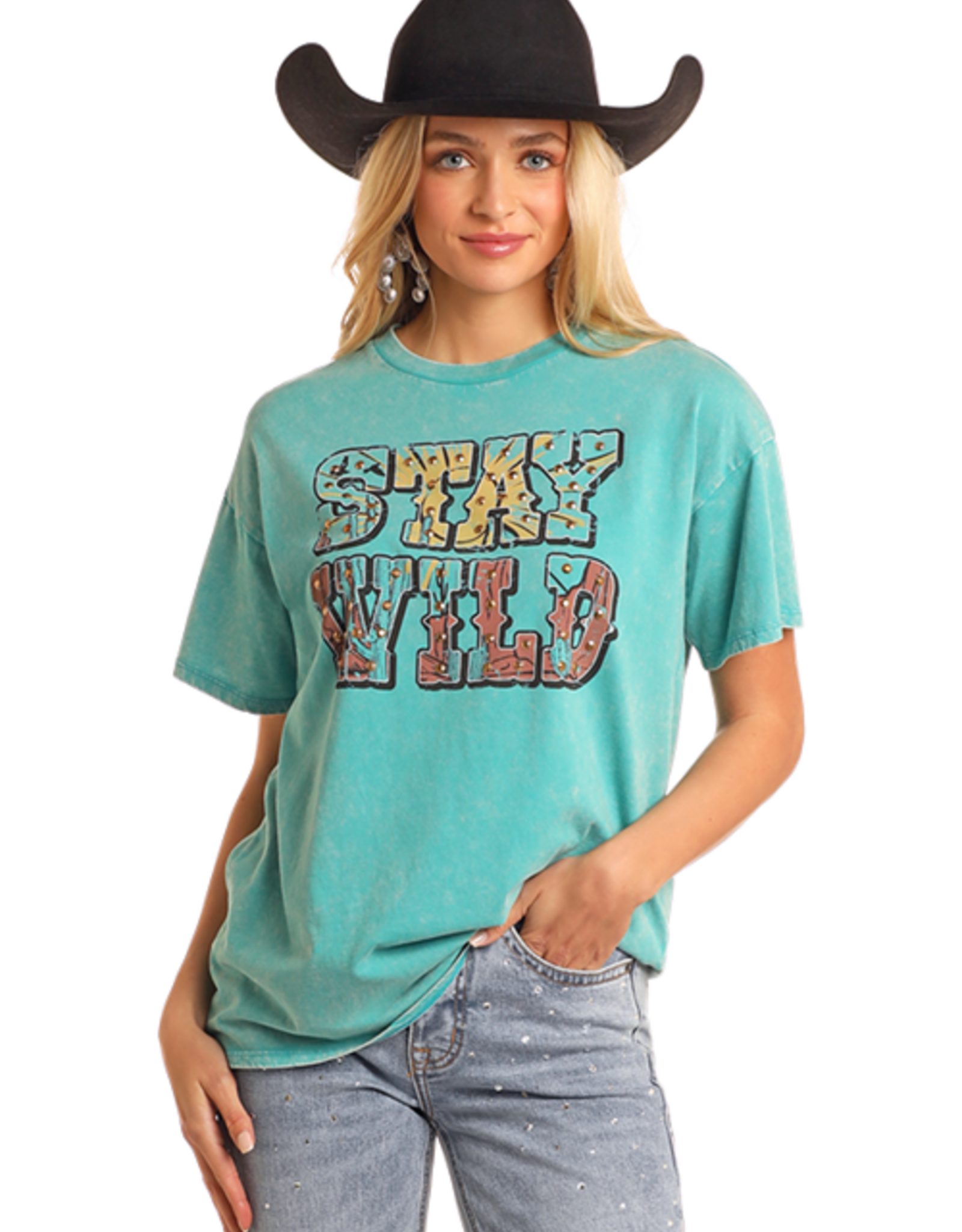 Womens Rock N Roll Stay Wild Turquoise Short Sleeve T Shirt