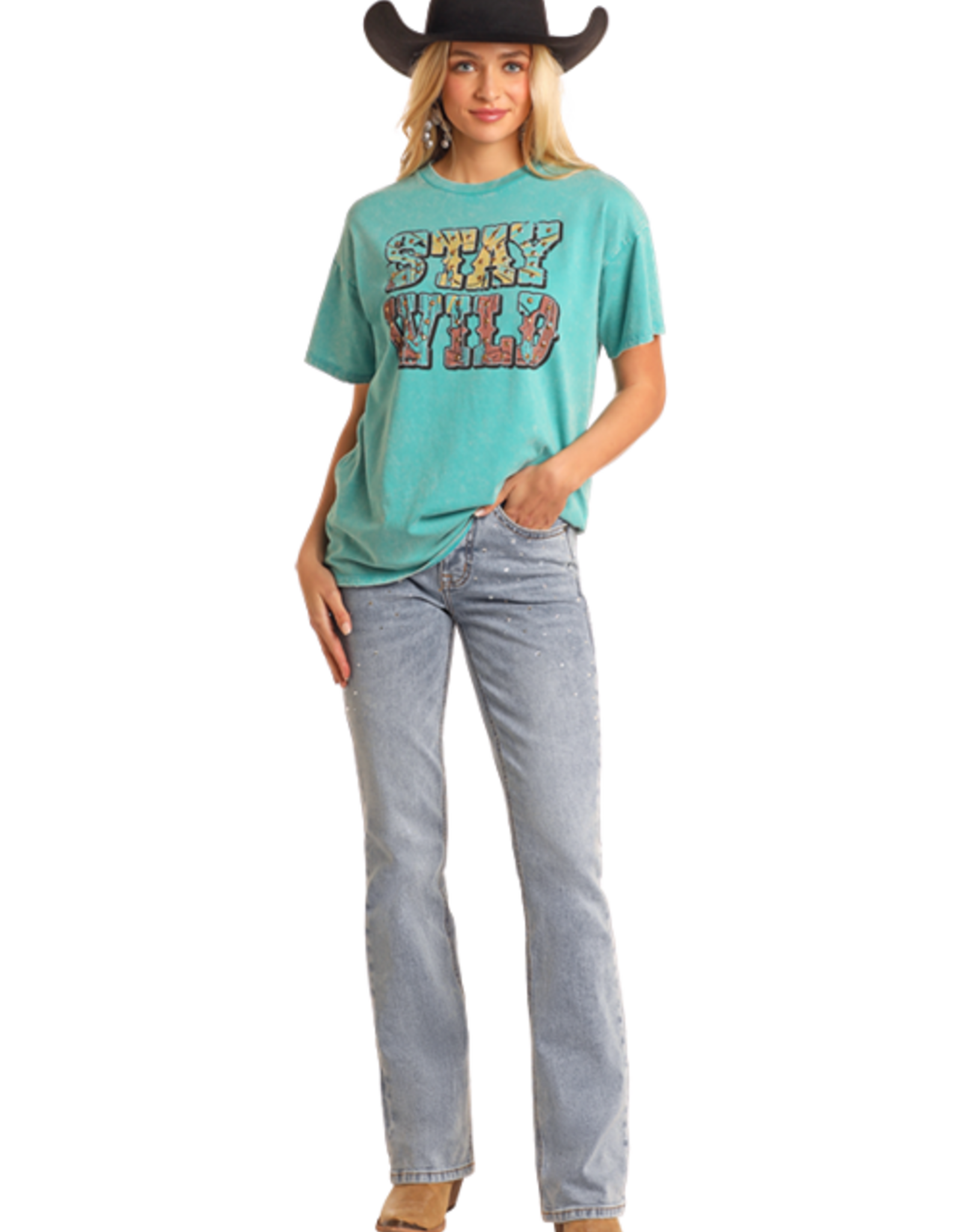Womens Rock N Roll Stay Wild Turquoise Short Sleeve T Shirt