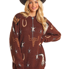 Womens Rock N Roll Brown Western Motif Sweater