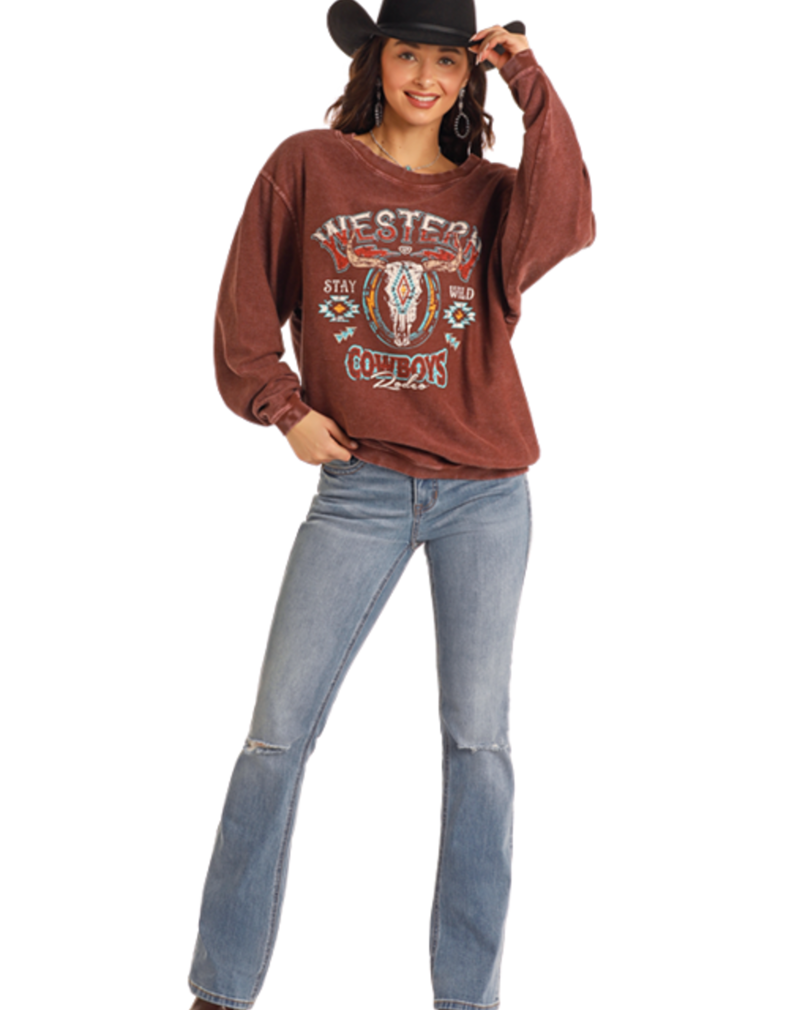 Womens Rock N Roll Burgundy Ribbed Western Pullover Sweatshirt