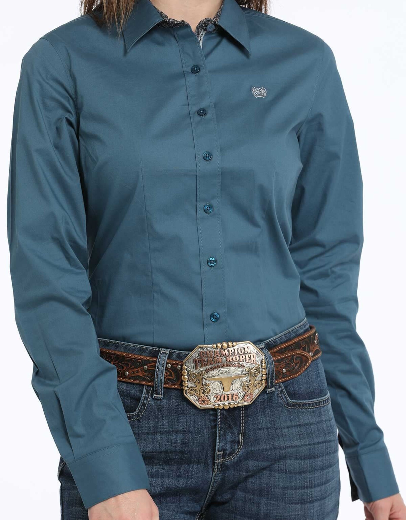 Cinch Womens Cinch Solid Teal Stretch Long Sleeve Button Western Arena Shirt