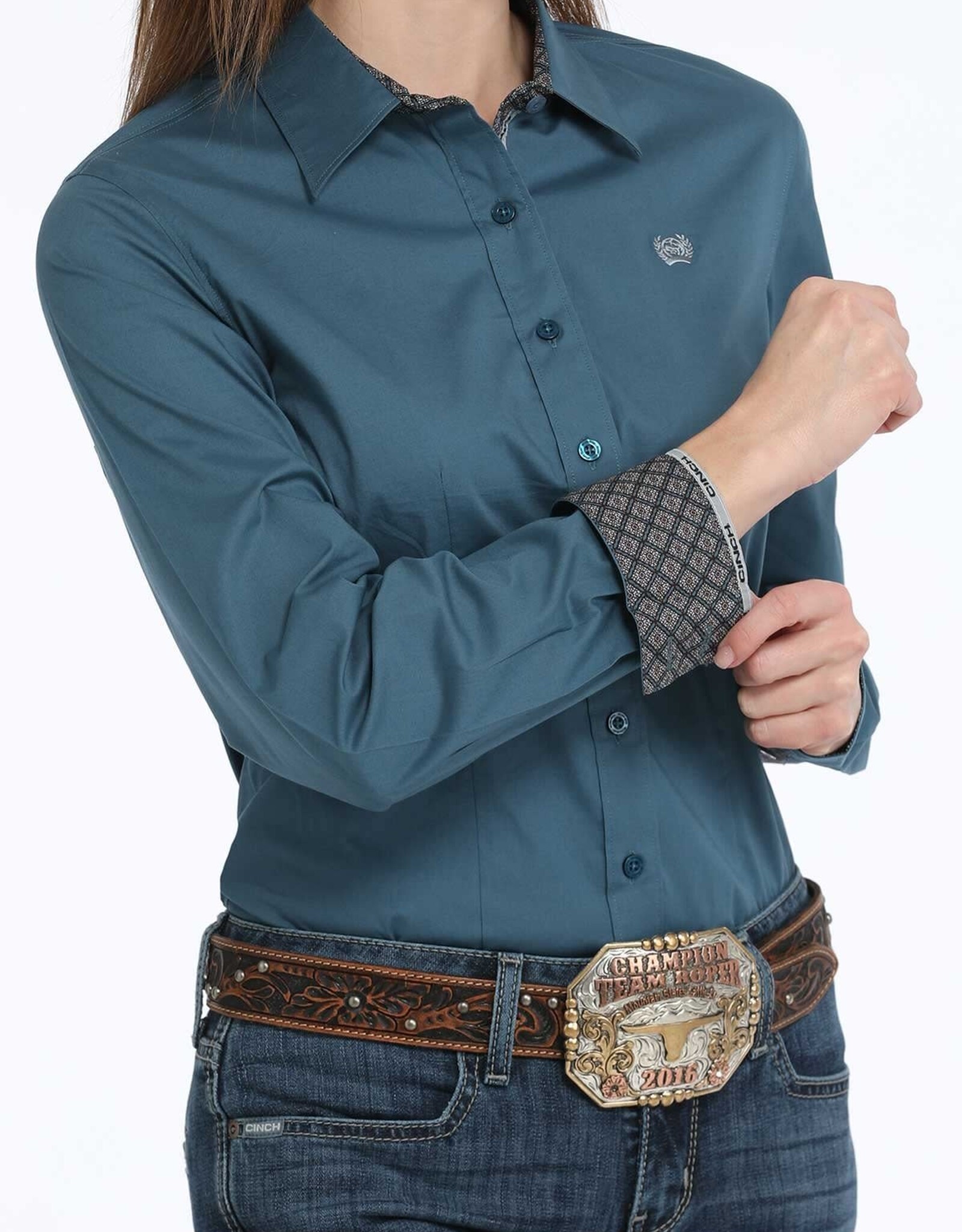 Cinch Womens Cinch Solid Teal Stretch Long Sleeve Button Western Arena Shirt