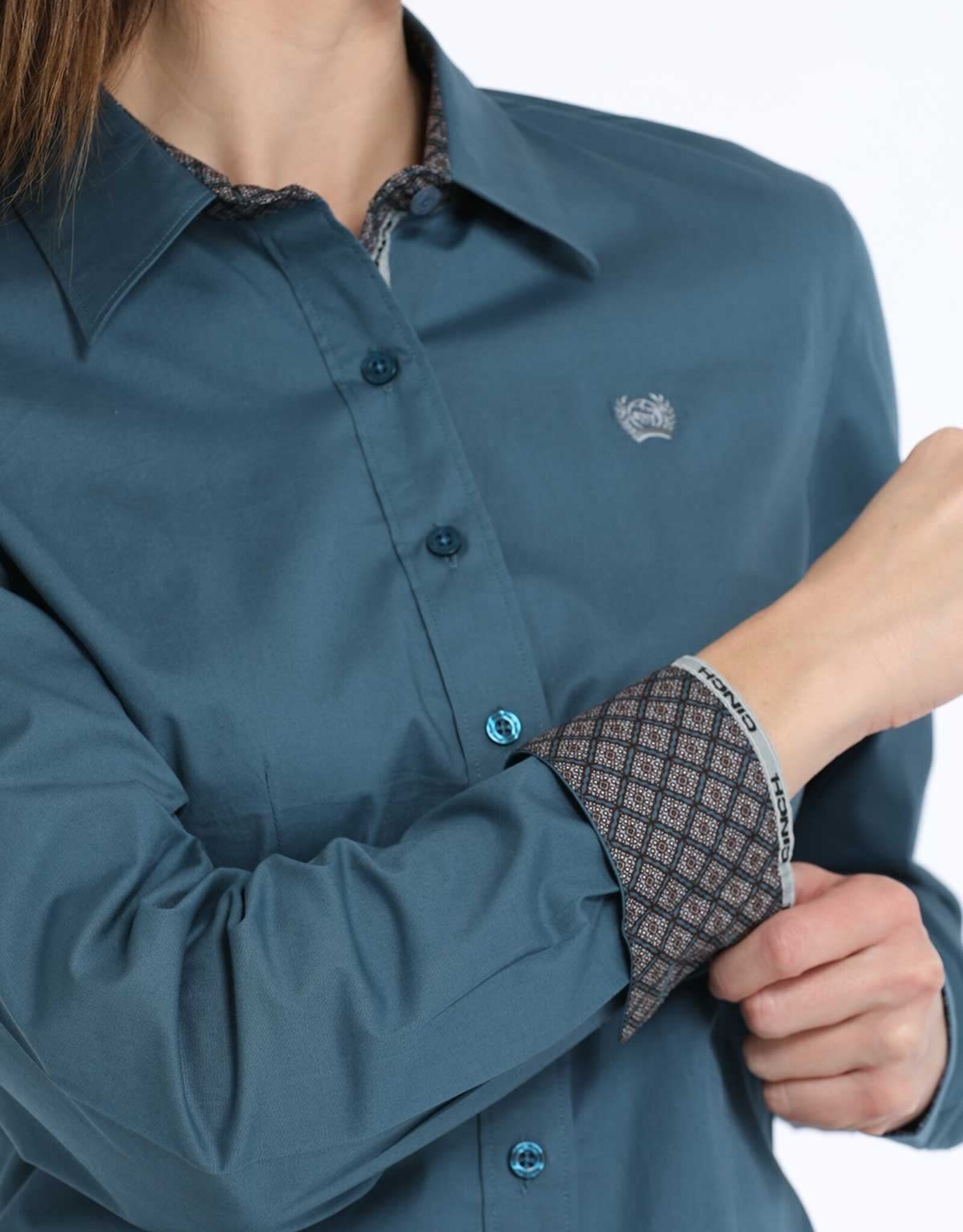 Cinch Womens Cinch Solid Teal Stretch Long Sleeve Button Western Arena Shirt