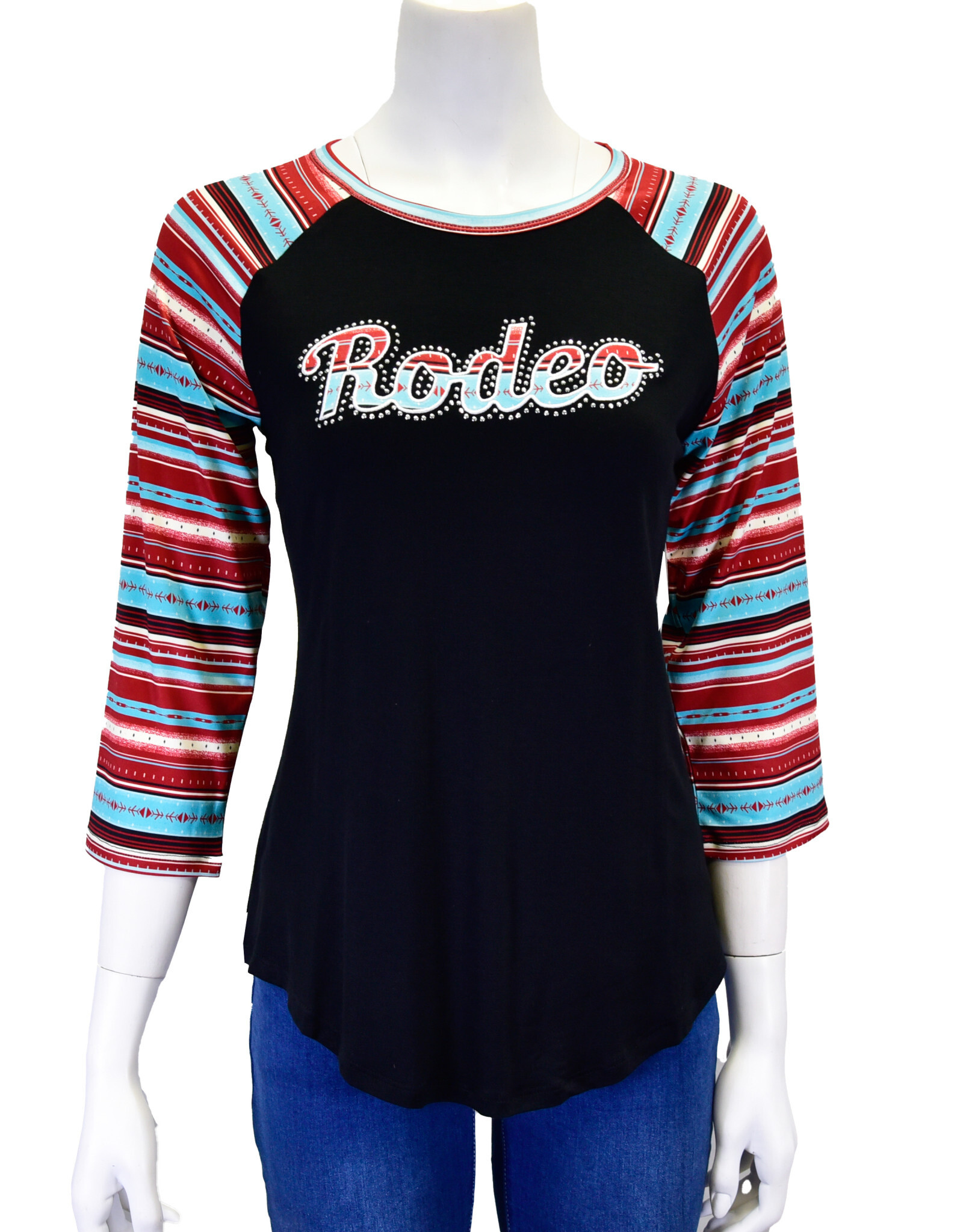 Womens Cowgirl Hardware Black Red Serape Rodeo 3/4 Sleeve Blouse
