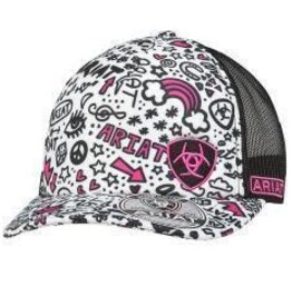 Ariat Womens Ariat  White Black Ariat Doodle Snapback Mesh Baseball Cap