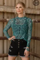 Womens Tooled In Turquoise Long Sleeve Mesh Shirt