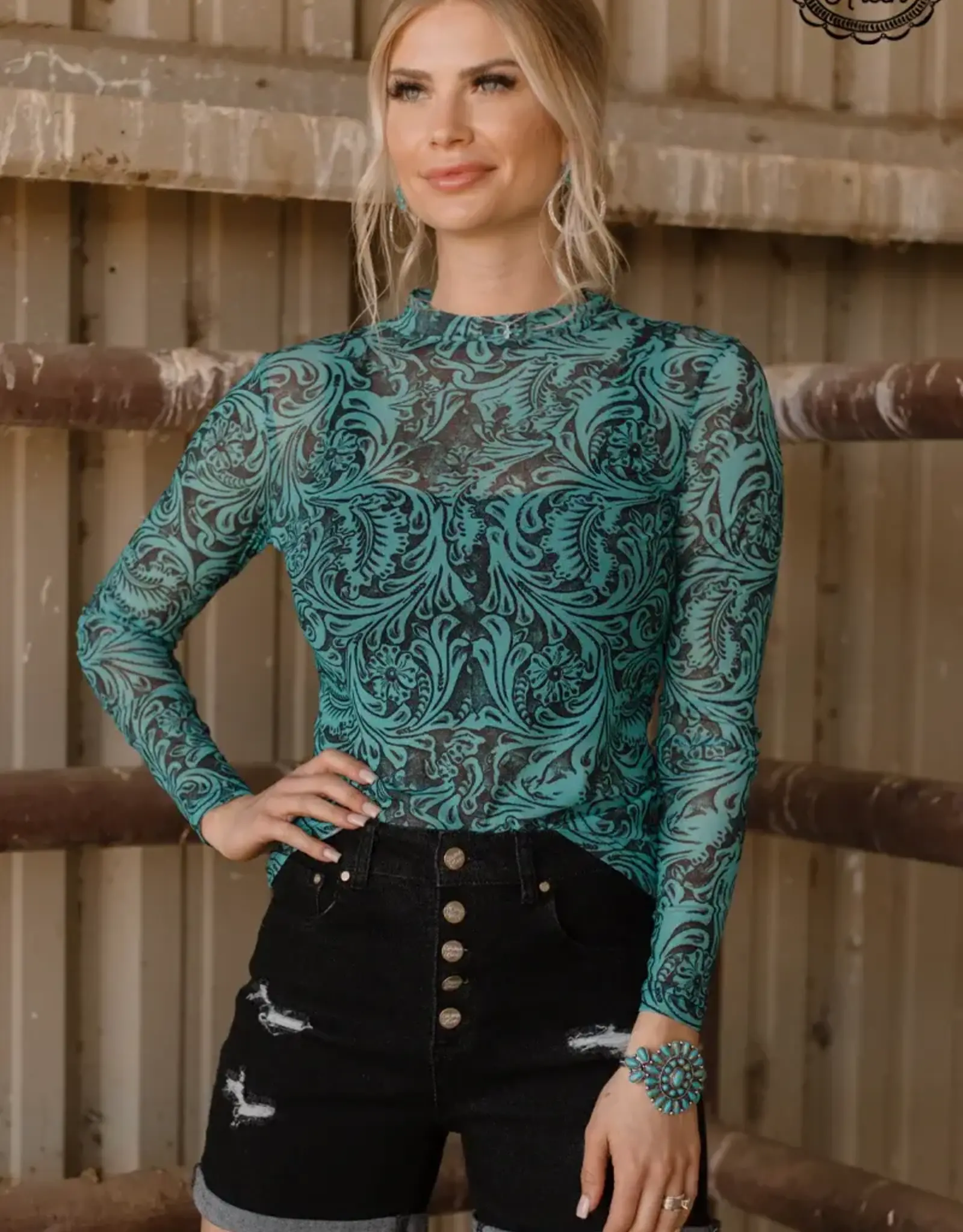 Womens Tooled In Turquoise Long Sleeve Mesh Shirt