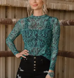 Womens Tooled In Turquoise Long Sleeve Mesh Shirt