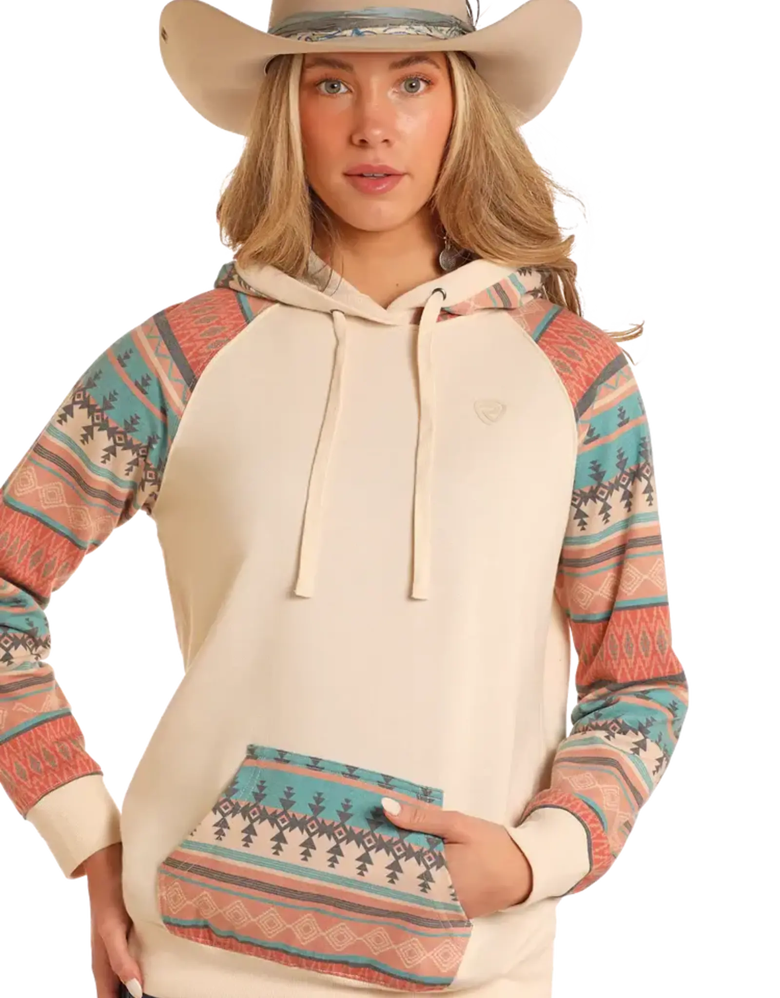 Womens Rock N Roll Cream Turquoise Aztec Hoodie