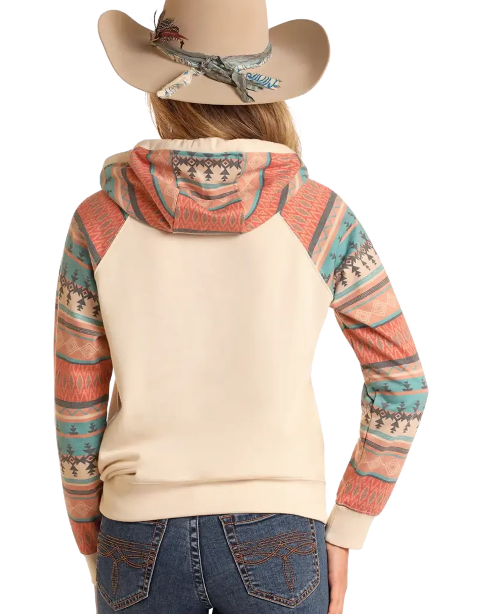 Womens Rock N Roll Cream Turquoise Aztec Hoodie