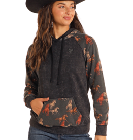 Womens Rock N Roll Black Horse Contrasting Sleeve and Pocket Hoodie