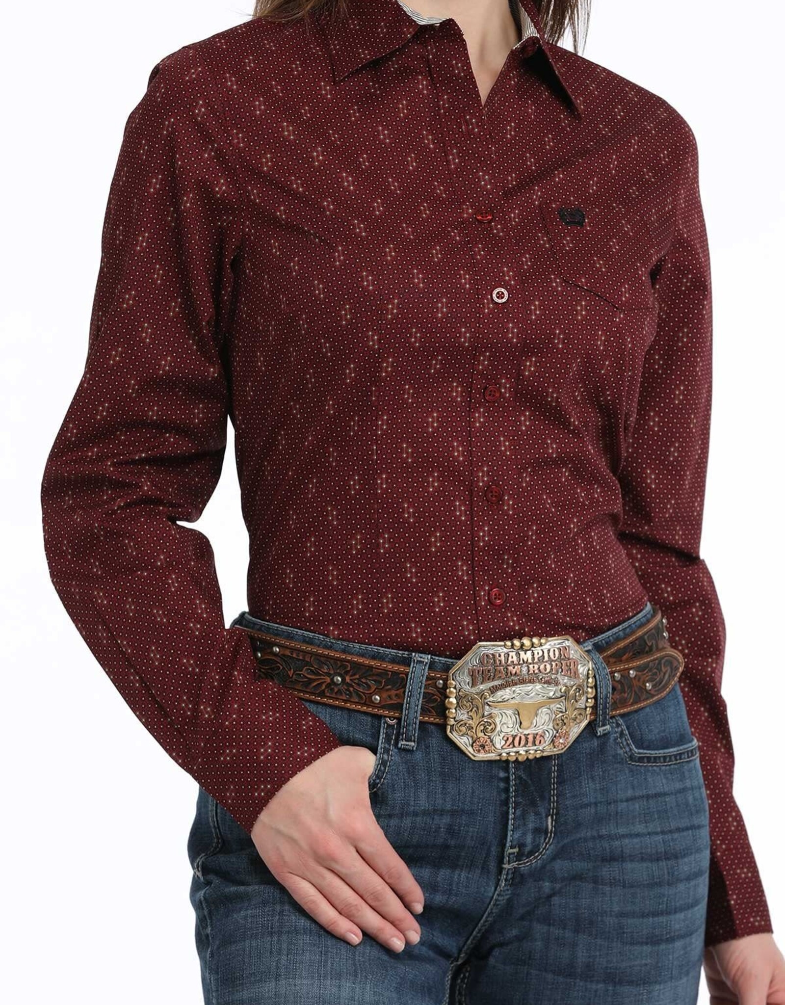 Cinch Womens Cinch Burgundy Print Long Sleeve Button Western Arena Shirt