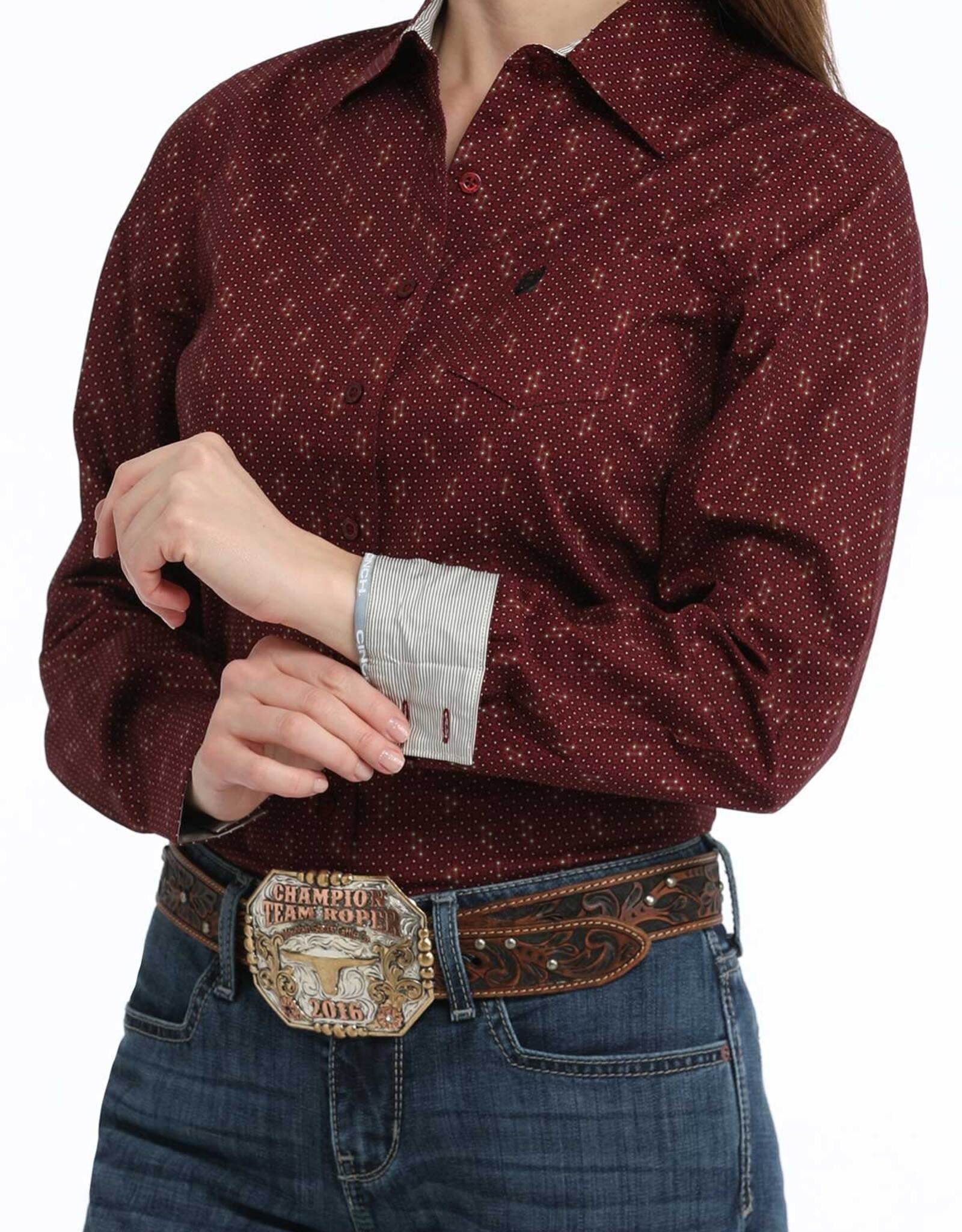 Cinch Womens Cinch Burgundy Print Long Sleeve Button Western Arena Shirt