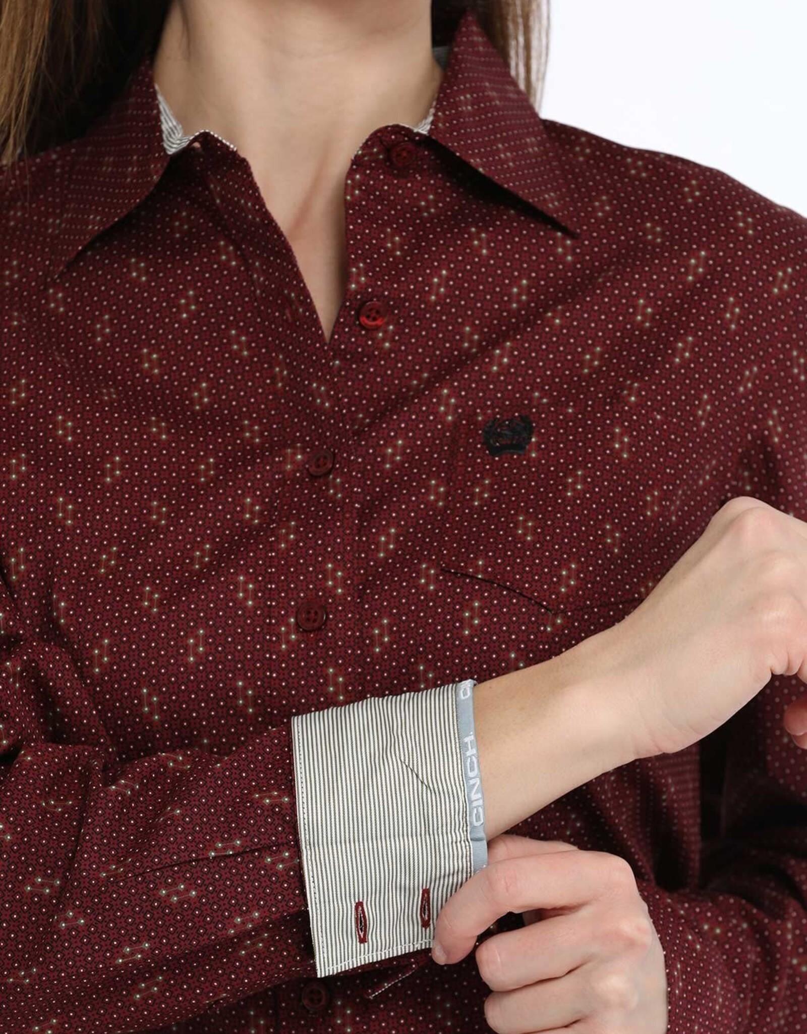 Cinch Womens Cinch Burgundy Print Long Sleeve Button Western Arena Shirt