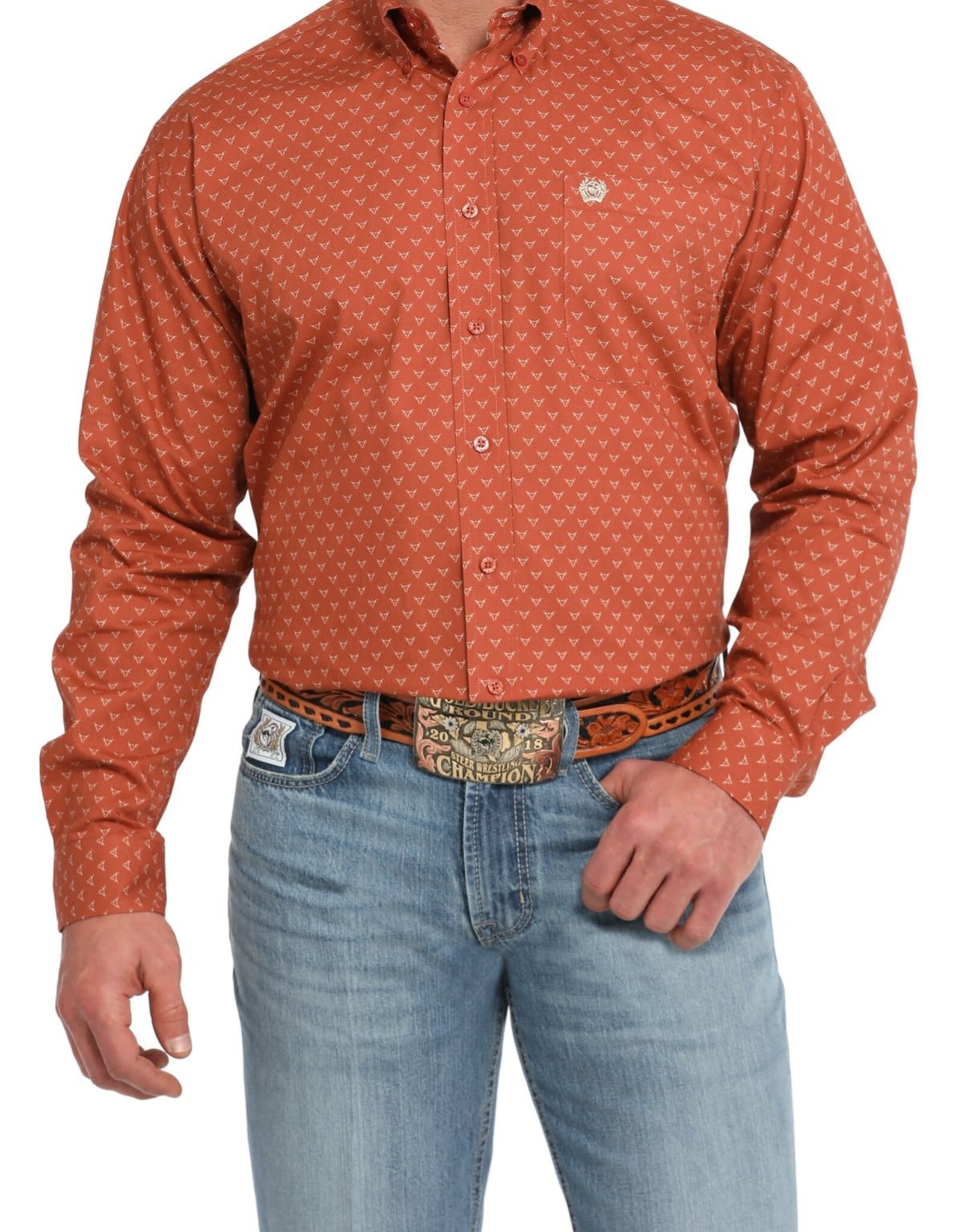 Cinch Mens Cinch Burnt Orange Steer Head Print Long Sleeve Western Button Arena Shirt ~ XS-3X